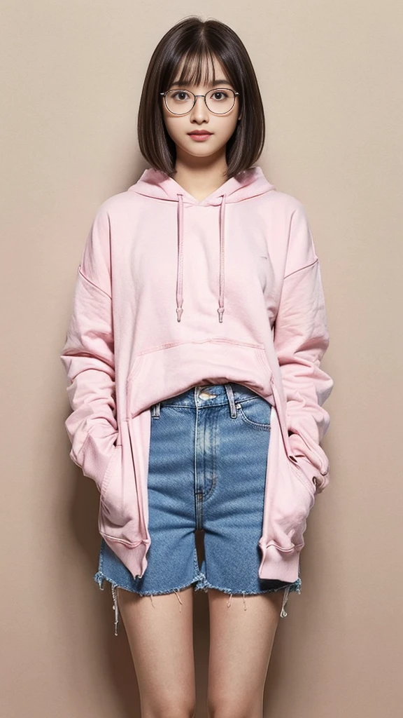Raw photo, candid, textured skin, pastel colors, (dynamic pose, one hip up), 1girl, slender body, pale skin:1, Korean, messy bun, heterochromia, freckles, smiling, oversized hoodie, varsity shorts, thick thighs:1, (wide thigh gap:1.2), rooftop, photorealistic, best quality, 8k, masterpiece