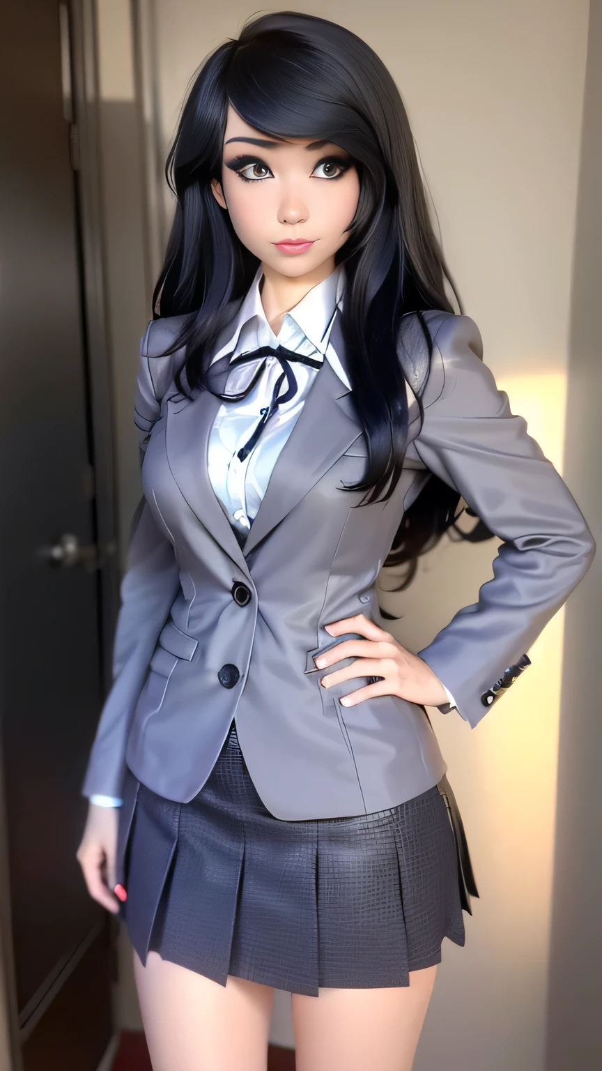 1girl in, photo of Emiru, RAW, beautiful woman, ((full body portrait, detailed face:1.2)), (long black hair, straight black hair), ((detailed facial feature, detailed skin, clear skin), (perfect proportioned body, runners body, thin hips, thin waist, skinny, petite, detailed skin texture), (She wears Businesswoman style clothes, grey blazer, ribbon, socks, high school uniform: 1.2), high school classroom, overlooking the city, (realistic photo, best quality, detailed), (8k wallpaper), (cinematic lighting, dramatic lighting), (sharp focus, intricate) high quality, film grain, Fujifilm XT3 sharp focus, f 5.6, 50mm, High Detail, Sharp focus,(natural light), crazy details, complex details, hyper detailed. (cowboy photo:1.2), light particles, sfw