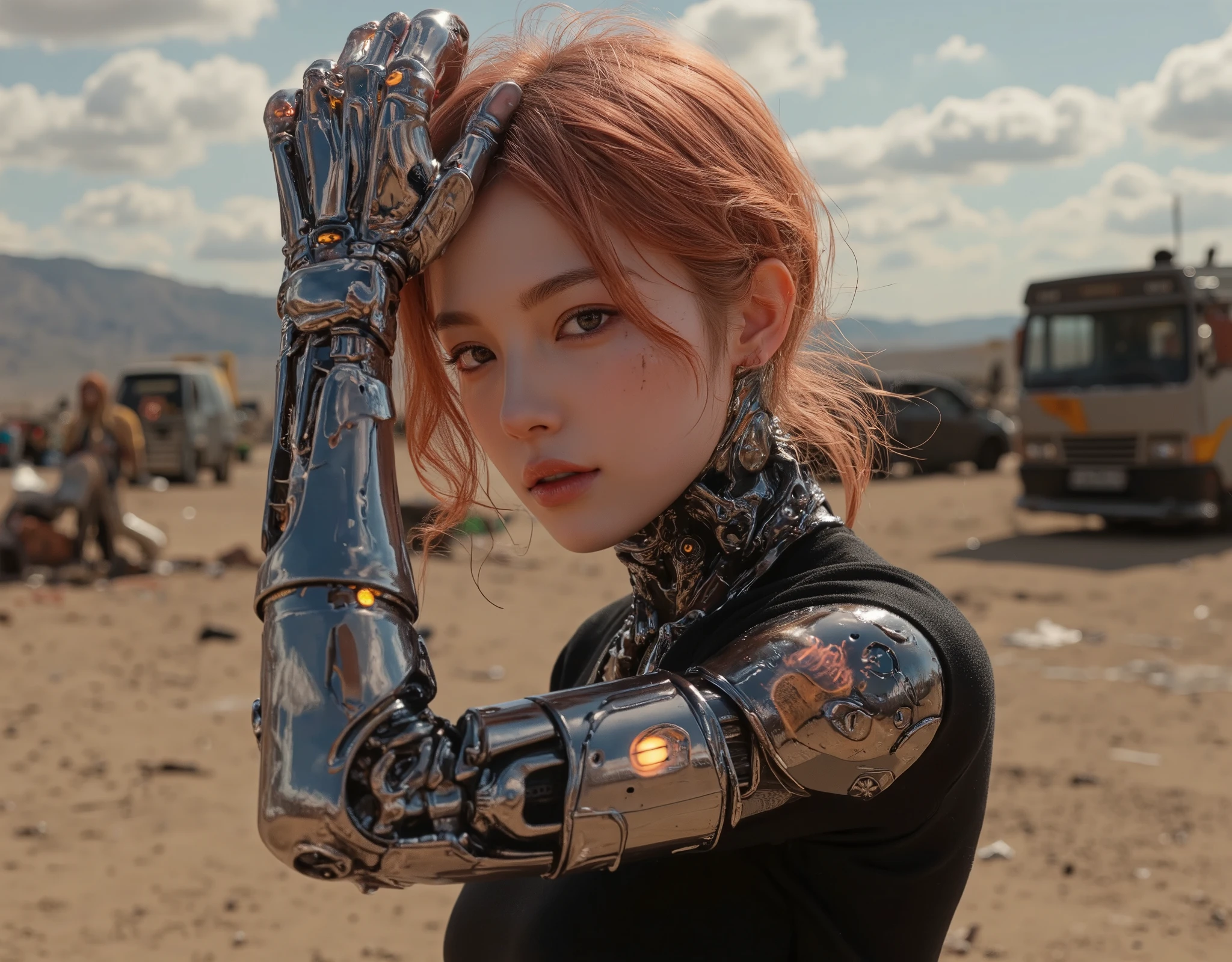 (((mulher))), (((melhor qualidade))), (((obra prima))), (((adulto))), A highly detailed and realistic skull girl,( Anya. Taylor Joy) cyberpunk character, mad max furiosa, one hand robot, cyborg arm, orange hair, dramatic metal heavy rock theme, best quality, 8k, hyperrealistic, photorealistic, extreme detailed painting, studio lighting, vivid colors, dark moody atmosphere, cinematic, dramatic pose, intricate mechanical details, glowing energy effects, intense gritty textures, seamless integration of organic and inorganic elements. Wearing the used clothes of a wastelander. Background: An apocalyptic wasteland. Dusty and depressing.