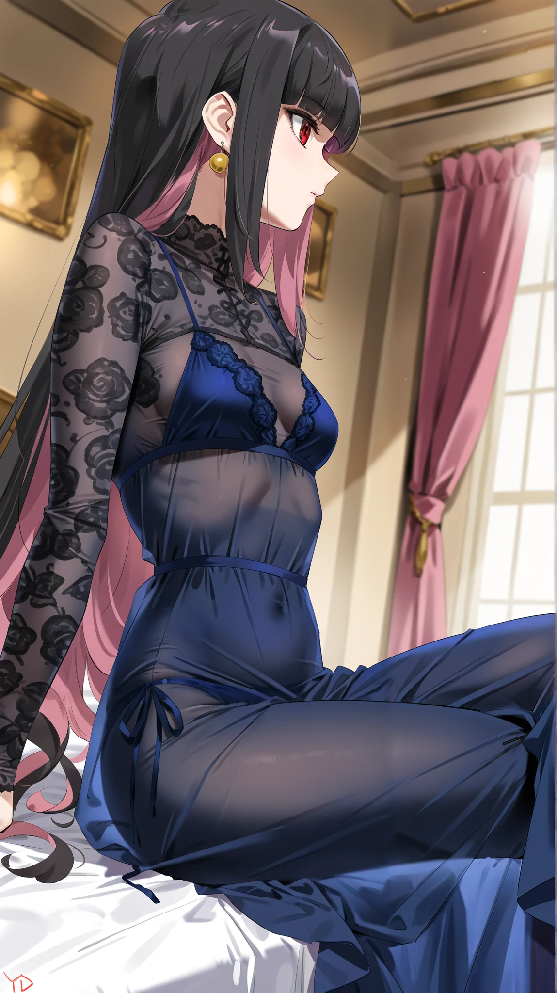 Lace silk pajamas, transparency, purple, high score hair, personal, silver haired young man biting his lip, sitting posture, high heels, , long legs, strong abs, (camel toe), (no), (did not bring), sitting posture, upper crotch, seductive, high heels, long legs, strong abs