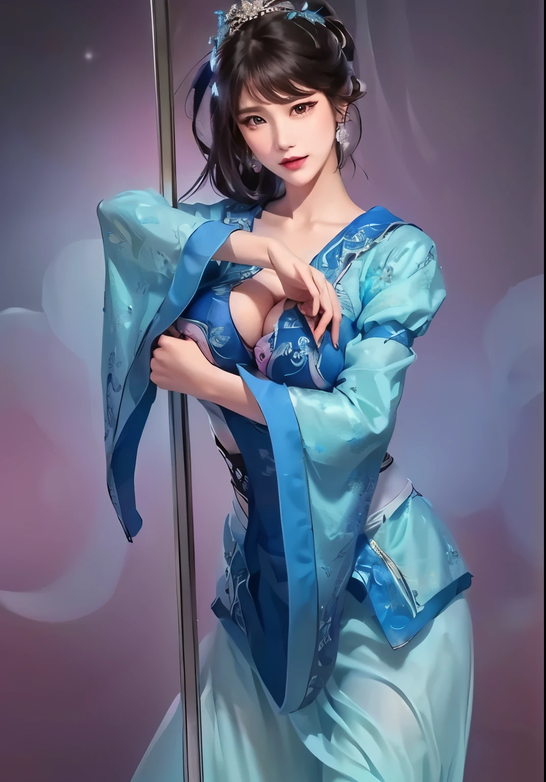 8K, masterpiece, RAW photos, best quality, Reality, extremely detailed CG unity 8K wallpaper, Depth of Field, light, lens flare, Ray Tracing, (Extremely beautiful face, Beautiful lips, beautiful eyes), Complex facial details, ((Ultra-delicate skin)) , Beautiful Asian girl, ((Looking at the audience)),(big Smile), (Blurred background), midnight, (pretty girl), earrings, bracelet, necklace, Clear eyes, (Pale skin), Facing forward, (big eyes), (Looking at the audience), Large Breasts ,((Smile)), blue eyes, Shiny Dress, Open your heart, balcony, Very slim, (Medium buttocks), Open your heart Ancient Chinese architecture,Chinese style beauty,Wear revealing Hanfu,Simple clothes, Simple style,Chinese and American mixed race,Background blur,focus,light, Seven Figures,(((tmasterpiece))), ((Best quality)), ((Complex and meticulous)), ((Surrealism)), Ridiculous resolution, , Mature woman, transparent, Very detailed, Implications, 1 Girl, (Medium breasts), Thin waist and thick hips,Long Law,Beautiful and delicate eyes, Short and delicate hair, Dark brown hair, Purple Eyes, black,lacy clothing,Hip-covering skirt,Tights,Vaguely visible,Cool clothes,Perfect body proportions,(No underwear),Detailed background, Perfect eyes,,Looking at the audience,From the front,Wear lightly,Juicy legs,Deep V,