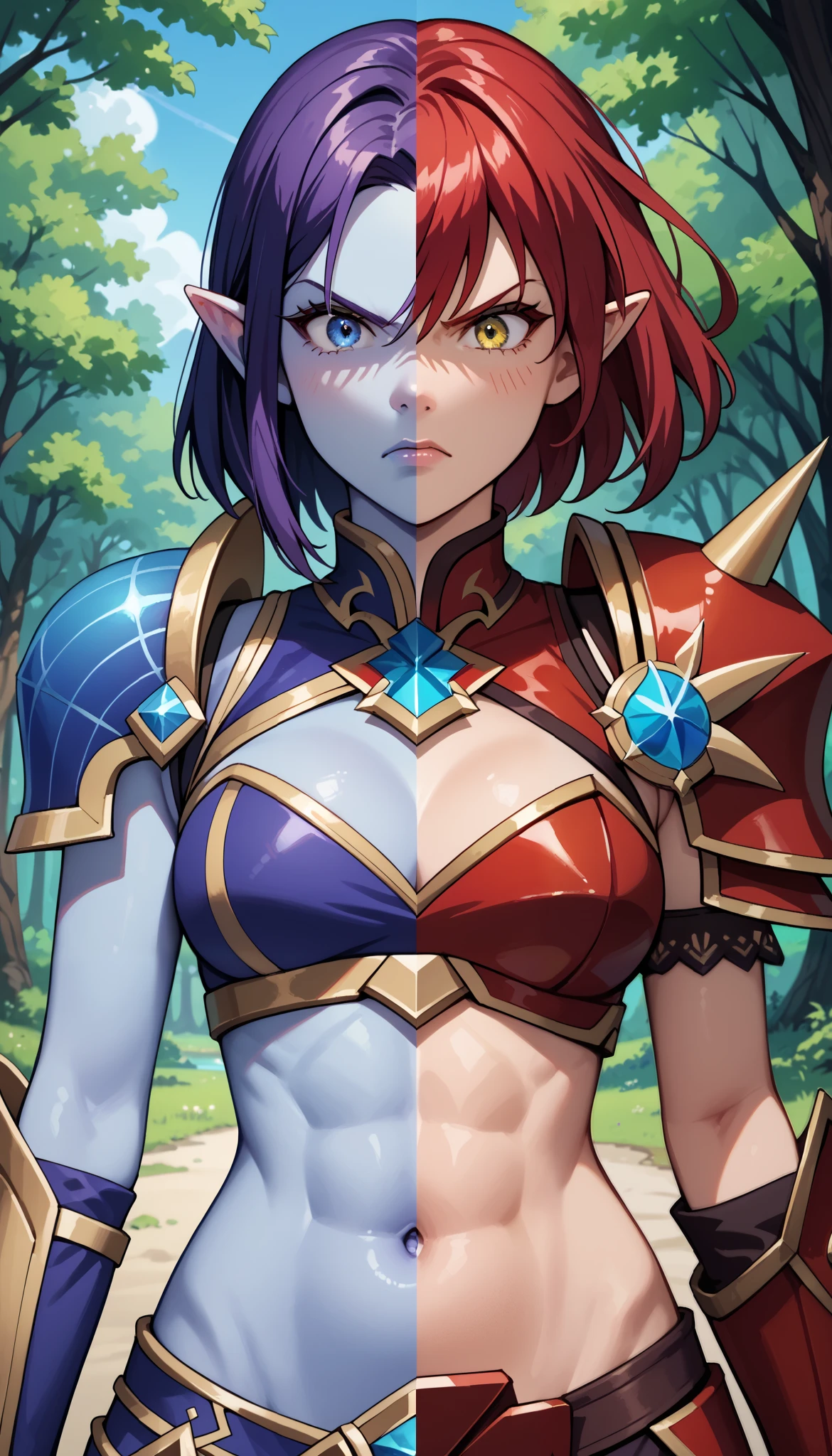 line in the middle, masterpiece, best quality, SplitScreen, split screen, forest background, pointy ear, 1girl, right side, Red hair, Glowing Yellow eye, Red armored crop top, gold trim, red shoulder pad, natural skin tone, slender body, Cleavage, navel, angry expression, 
masterpiece, best quality, SplitScreen, split screen, forest background, pointy ear, 1girl, left side, Purple hair, Glowing Blue Eye, dark Purple armored crop top, Gold trim, dark Purple shoulder pad, blue skin tone, slender body, Cleavage, navel, angry expression,