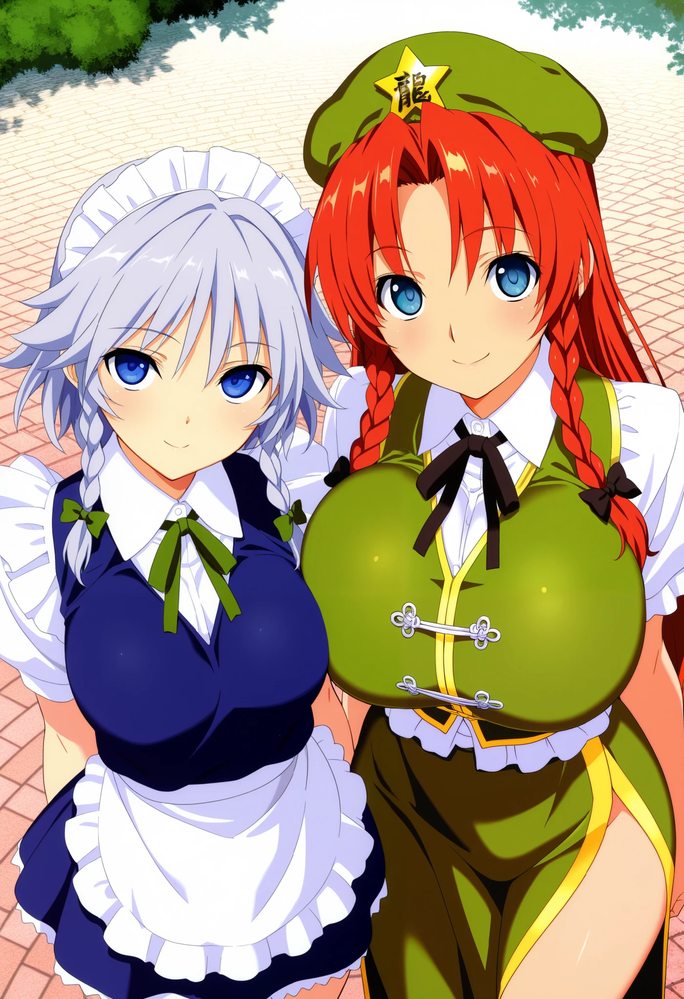 kallen stadtfeld, c.c., long hair, breasts, looking at viewer, blush, short hair, multiple girls, large breasts, 2girls, cleavage, medium breasts, underwear, green eyes, yellow eyes, red hair, green hair, choker, apron, maid, maid headdress, breast press
