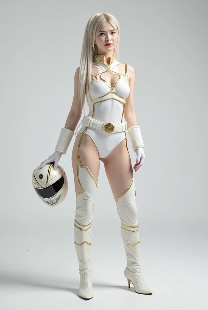 Masterpiece, a blonde woman wearing white sleeveless latex leotards, gold belt, boots, holding a laser rifle in front of her with both hands, standing, legs apart, near a tree, realistic