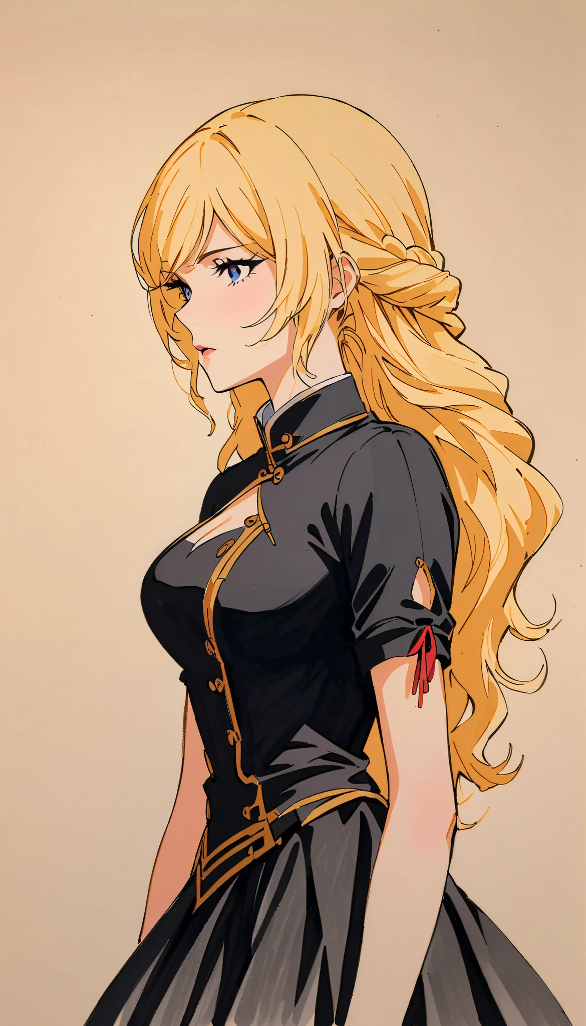 vintage movie, girl, wavy blonde hair, woman body, black top, black bodycon skirt, black boots, dark room, Silhouette of clouds, traditional media, Contemplative. yang xiao long from rwby