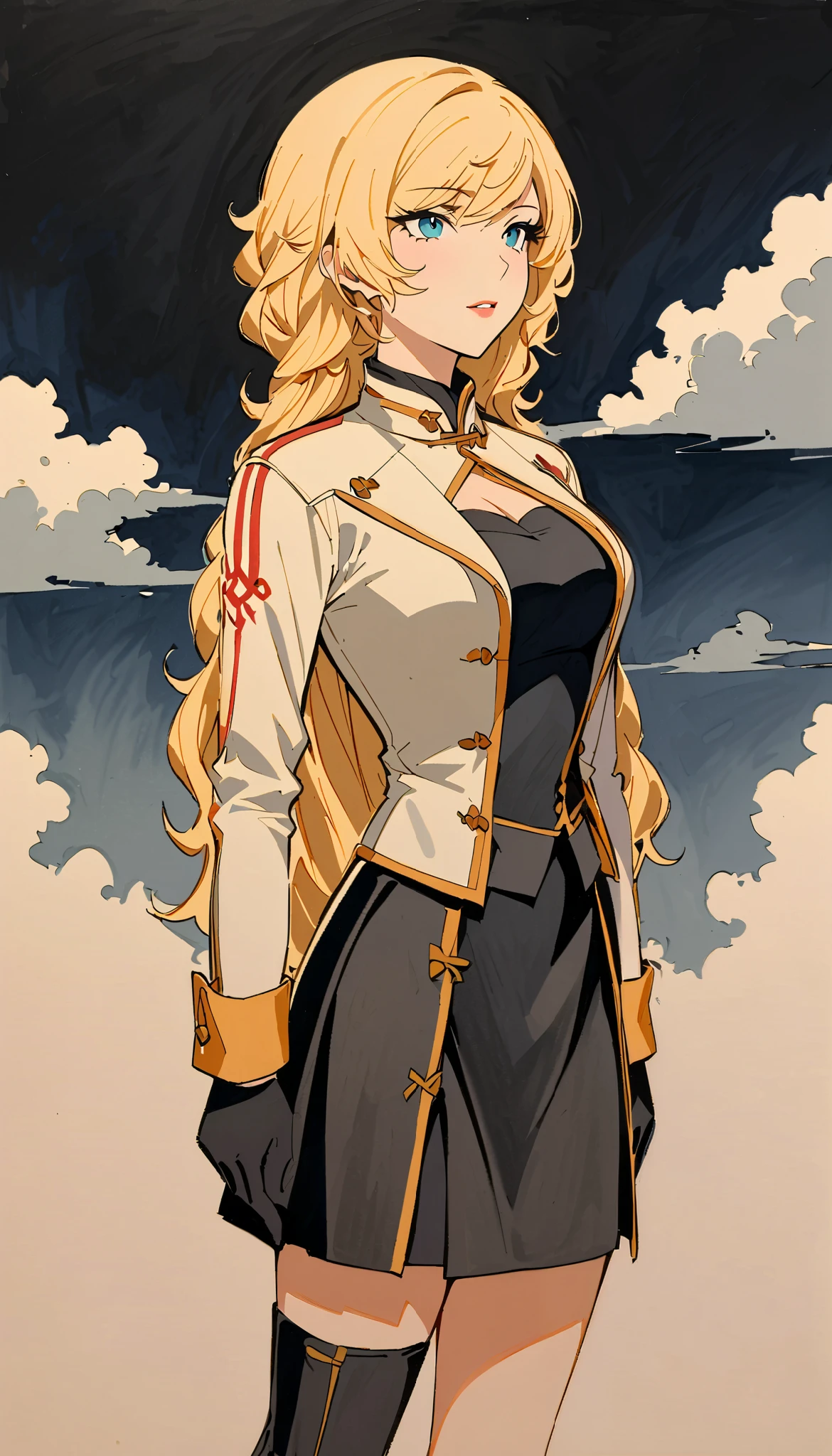 vintage movie, girl, wavy blonde hair, woman body, black top, black bodycon skirt, black boots, dark room, Silhouette of clouds, traditional media, confident.  yang xiao long from rwby