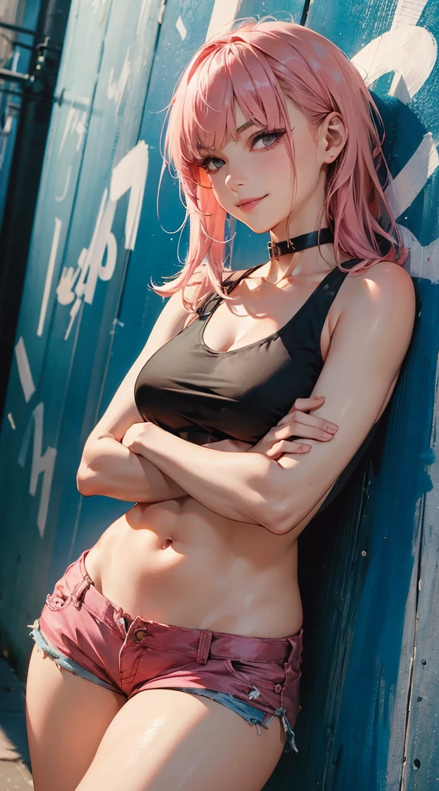 ((Highest quality, 8k, masterpiece :1.3)), (Sharp focus :1.2, Beautiful woman with perfect figure :1.4, Slim Abs :1.2), ((Big Breasts, Emphasize cleavage, The underboob is visible:1.3)), (Photorealistic:1.4), (realistic:1.4), (Pink Hair:1.5), Highly detailed face and skin texture, Fine grain, double eyelid. Makeup face, A little bit of lipstick, sex appeal, Sexy gravure pose, ((Sexy girly beauty in black tight lace top and red mini skirt。Against the backdrop of the cityscape at night、片手を腰に当てたSexy gravure pose。Wear chic earrings。:1.3)