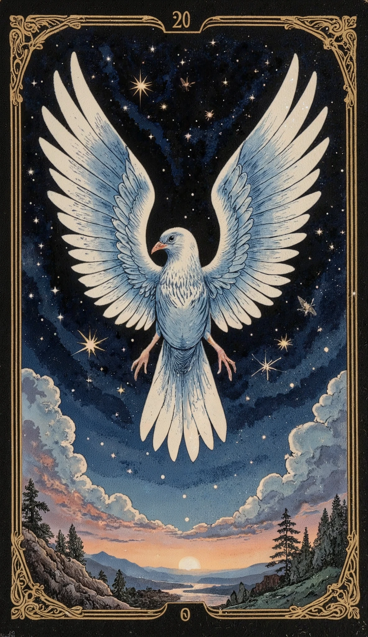 fusion of watercolor, acrylic and collage, conceptual installation art, A tarot card depicting blue bird alien, detailed feathers, sparkling eyes, alien landscape, vibrant colors, surreal atmosphere, glowing lights, otherworldly features, intricate patterns, dreamlike scenery, creating a piercing yet tranquil presence against the dark background. Fireflies drift lazily in the air, their faint light