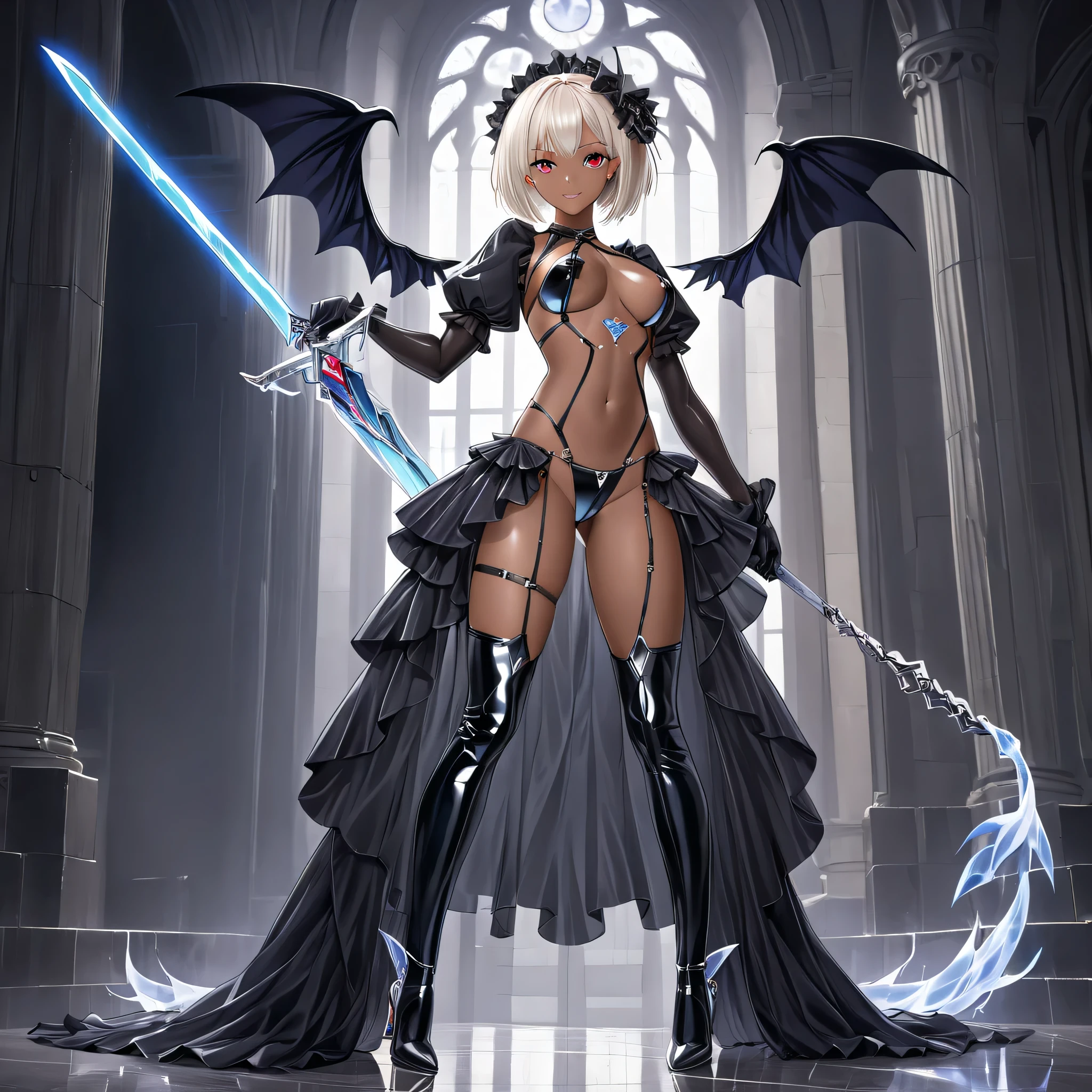 1girl, hair ornament, full body, dark-skinned female, seductive smile,white hair,demon tail,low wings,cameltoe,navel, pubic tattoo,black elbow gloves,slingshot swimsuit,puffy sleeves,(micro see-through overskirt),high heel boots, (corruption:1.2),dark persona,possessed,mind break,slut,alternate costume, masterpiece,best quality,amazing quality,very aesthetic,absurdres,newest,prefect face, medium breast, shirai hinako, reflector1, heterochromia, blonde hair, short hair, red eye, blue eye, seductive pose, submissive pose, sword, holding sword, fantasy background