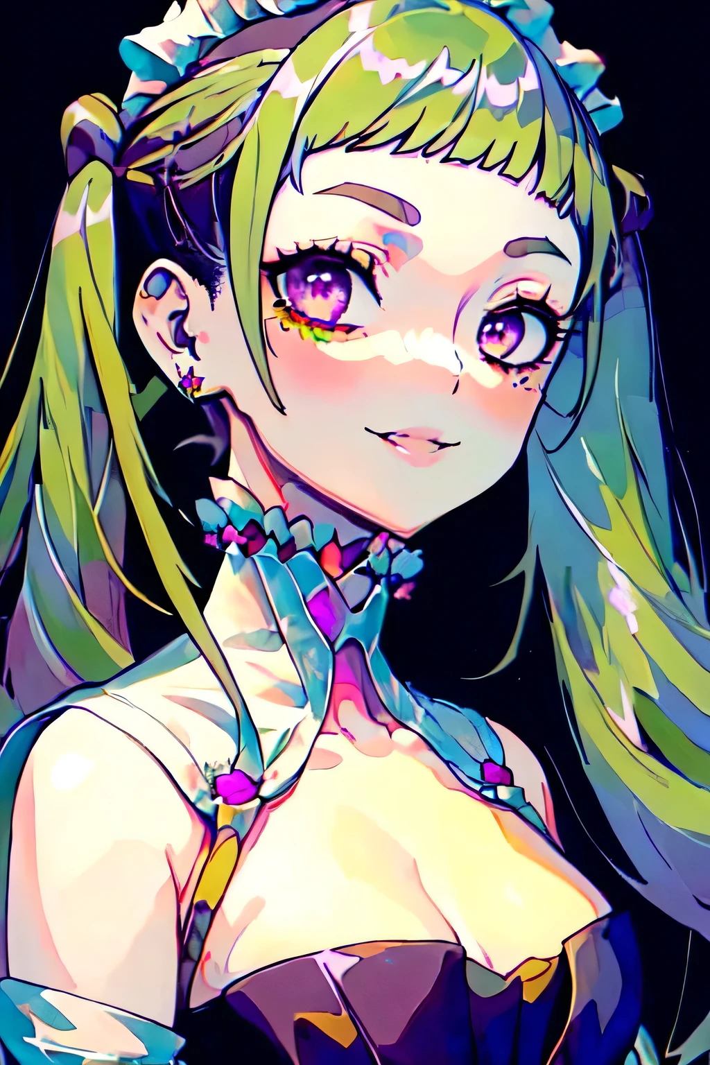(best quality:1.3),(masterpiece:1.3),(illustration:1.3),(ultra-detailed:1.3),(imid shot:0.9),, , , 1girl,solo,very young,upper body,short neck,small breasts,, , from side,from below,close-up,, , , purple eyes,jewel-like eyes,extremely detailed eyes,extremely detailed face,(seductive smile:0.8),(open mouth:0.3),, , , filthy stream, murky water, garbage floating, rotting stench, haunting melody, scattered syringes, polluted mystery, abandoned tranquility, forgotten path, pebbled riverbed , twintails, maid,green hair,