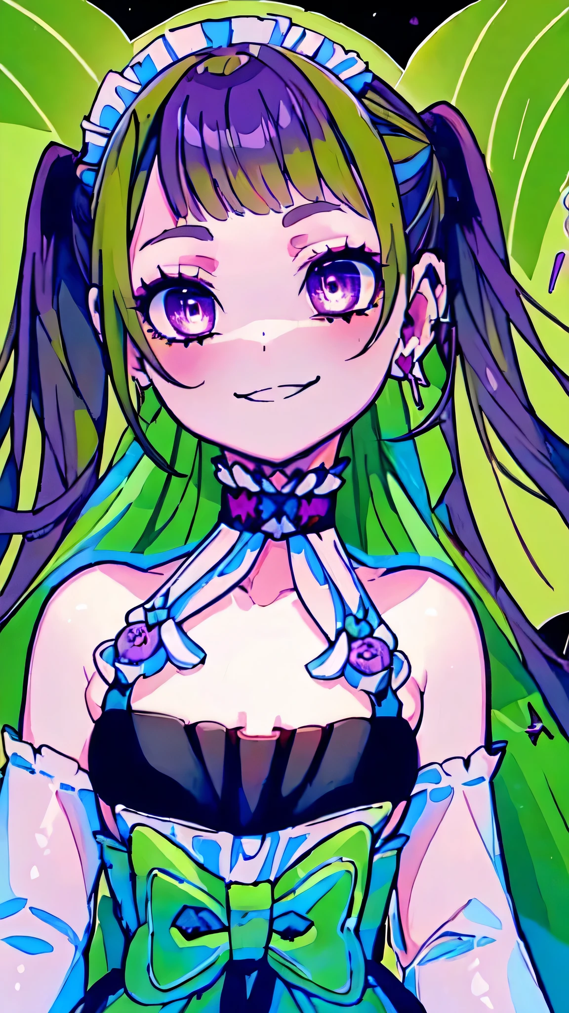 (best quality:1.3),(masterpiece:1.3),(illustration:1.3),(ultra-detailed:1.3),(imid shot:0.9),, , , 1girl,solo,very young,upper body,short neck,small breasts,, , from side,from below,close-up,, , , purple eyes,jewel-like eyes,extremely detailed eyes,extremely detailed face,(seductive smile:0.8),(open mouth:0.3),, , , filthy stream, murky water, garbage floating, rotting stench, haunting melody, scattered syringes, polluted mystery, abandoned tranquility, forgotten path, pebbled riverbed , twintails, maid,green hair,