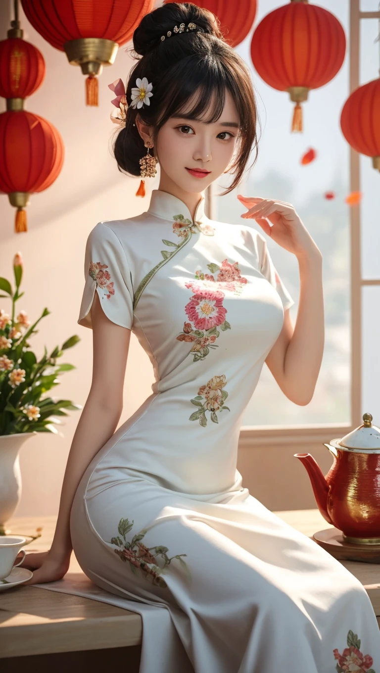 fashion model 18 years old [[[[Close-up cleavage]]]], [[[[]]]], [[[[Cole]]]], [[[[bshoulder]]]], perfect eyes, perfect iris，perfect lips，perfect teeth，Perfect skin，fair skin，Soft headlight，high dynamic range，((White Chinese cheongsam))，elegant posture，elegant movements，The background is Chinese interior decoration，Green trees outside the window，peach blossom，4k ultra high definition, ultra high resolution, (lifelike: 1.4), best quality，masterpiece，Ultra-diluted，（pastel colors：1.2）