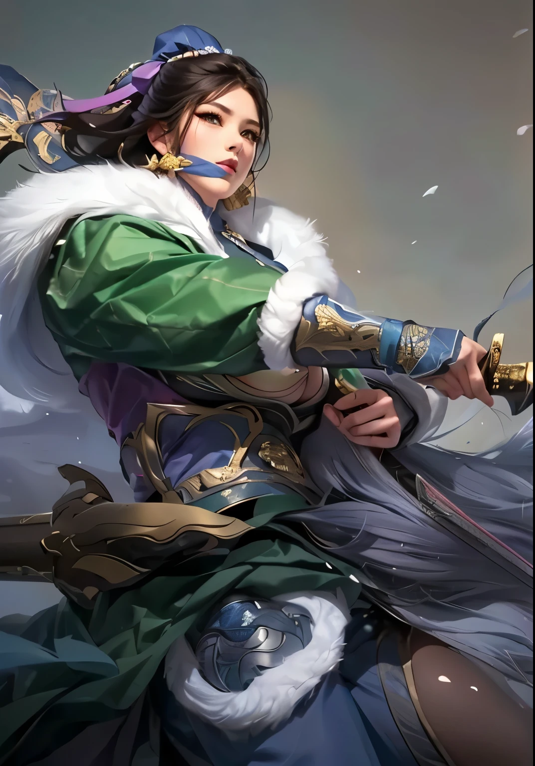 Beautiful woman , big eyes that tear, big boobs , means , A woman holding a sword
