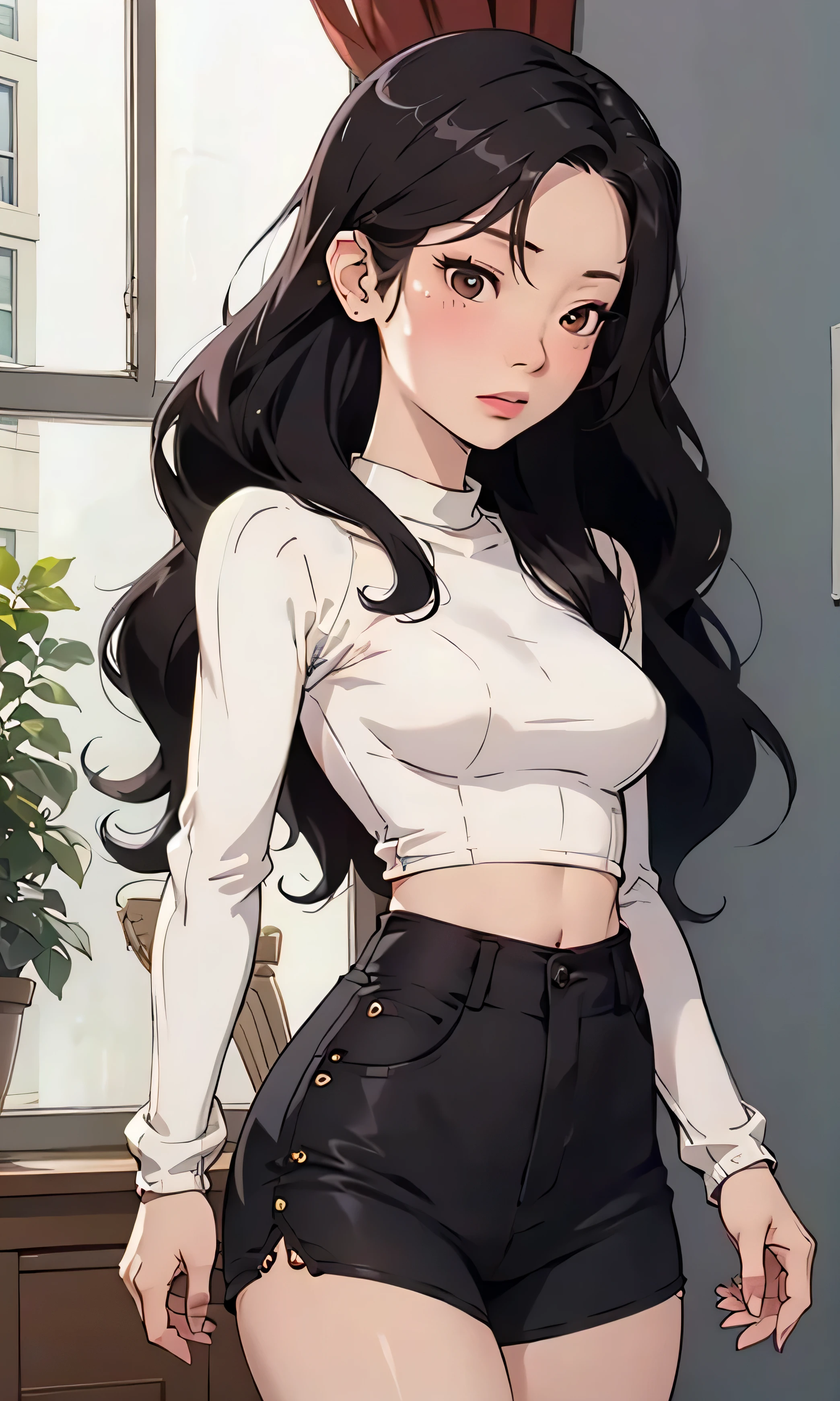 masterpiece, high detail, Kim Dahyun, a beautiful girl , Korean, thin and tall, black hair, long hair, wavy hair , black eyes, white sweater , short sweater , shorts, white pants , blush, waist, pretty legs, from the front looking at the spectator , next to the window,
