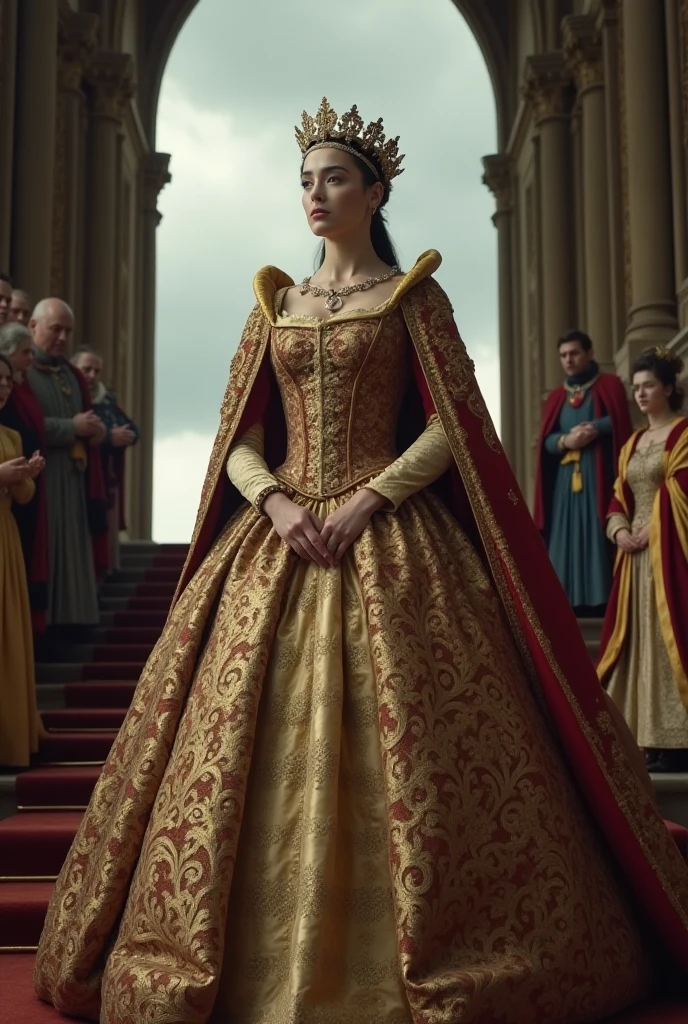 Linda garota "Rihanna", vestidos eda longo Vinho, de corpo inteiro, jardim de flores de rosa delicado e lindo, in a medieval setting, chovendo e raios.