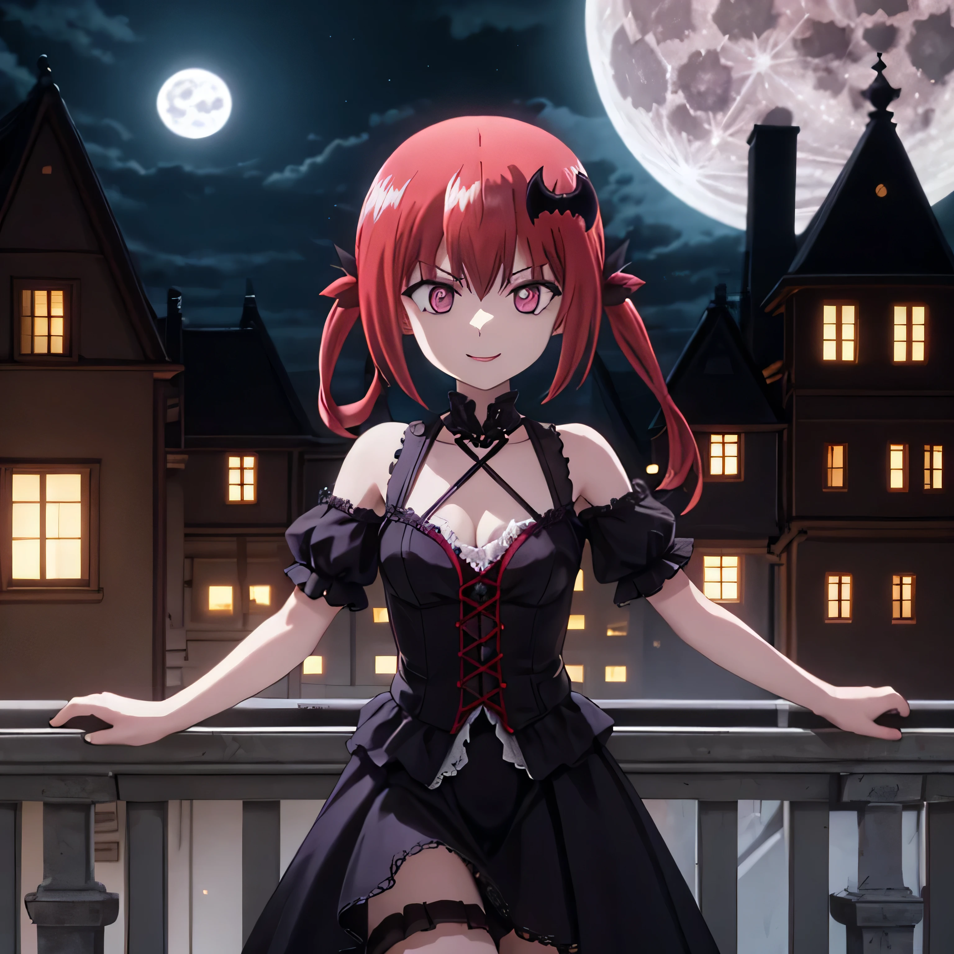 (absurdres, highres, ultra detailed), 1 girl, adult, handsome, tall, broad shoulders, finely detailed eyes and detailed face, black leather clothes, night, smile, dutch angle, short red hair, moon, forest, black horns in his head, silver details, earrings, black chocker, gothic, dark, vampire, black pants, horns, black simple dress, looking at the view, pale skin, seductive pose, ((angry)), (((open mouth)))