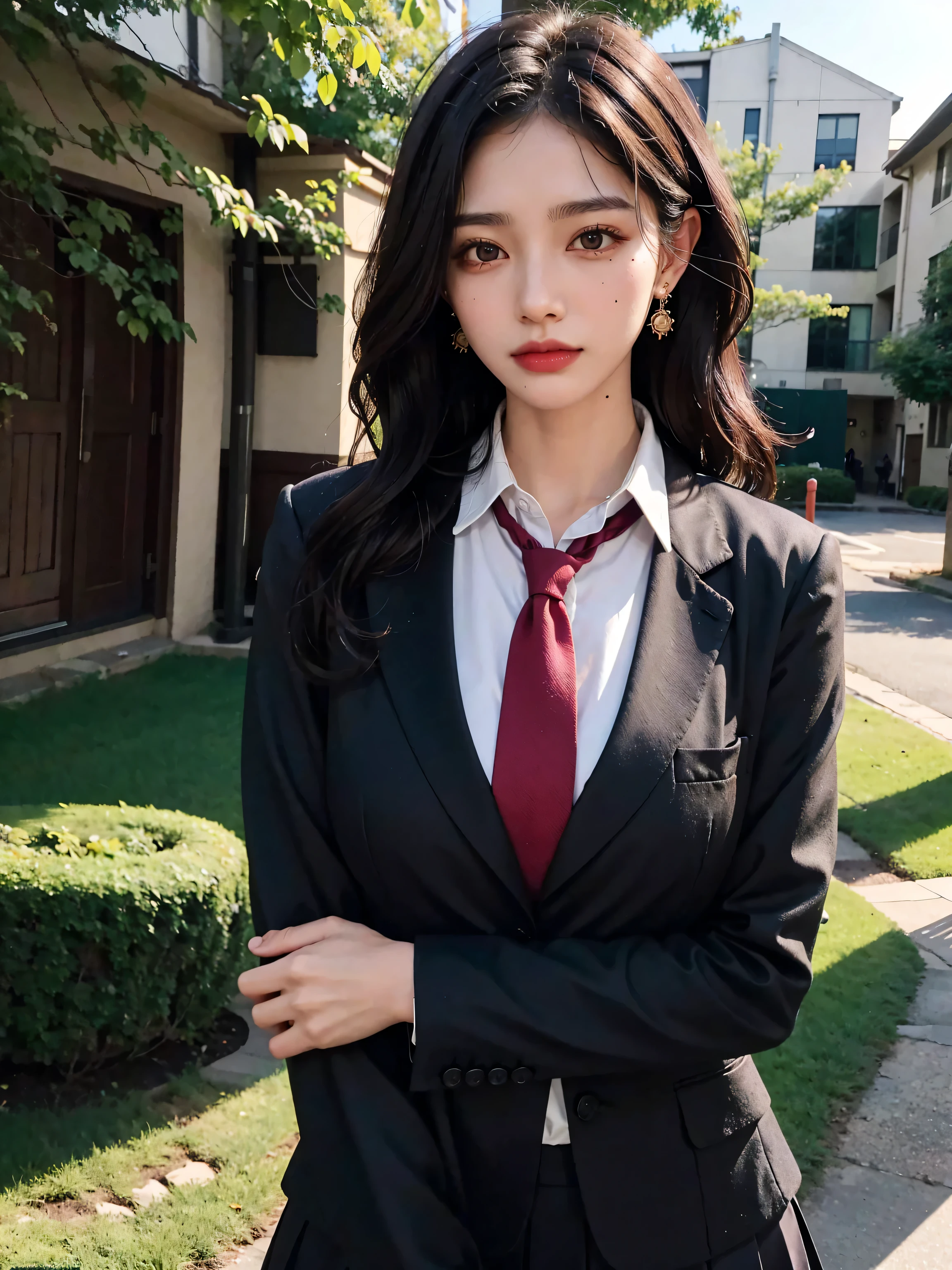 ((best qualtiy,8k,tmasterpiece:1.3)),1girll, ssmile,full bodyesbian,Slim Faces,slim toned body,Beautiful woman,exquisite facial features,(black suit jacket,ribbons,sockes,High School Uniforms:1.4),Super detailed face,Detailed eyes,二重まぶた,((A shallow smile:1.4)),blur backgroun,Inside a high school classroom,Sit at a desk in the classroom,voluptuous figure,stage lighting,Bright light,Normal hands,((A plump chest:0.5)),Normal hands,