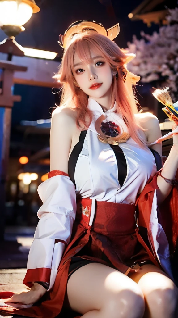 (big breast:1.2), looking ((curious)), unparalleled masterpiece, (ultra-realistic 8k RAW photos, best quality, masterpiece: 1.4), perfect artwork, best quality, super high resolution, (realistic, photorealistic photoreal: 1.4), (flicker: 1.2),nontraditional miko, shiny skin, long sleeves, smile, thick lips, east asian architecture, (blurry background:1.2), (85mm f1.8:1.1 shot with Fujifilm XF18 lens), (perfect limbs: 1.4), ultra-high resolution, (ultra-detail accomplice beautiful face: 1.3), light on face, 1 girl, smile, back hand, (cherry blossoms:1.6), split sleeves, bare shoulders, wide hips ,(side chest: 1.4), (pink long hair 1.4), purple eyes, big boob, sitting