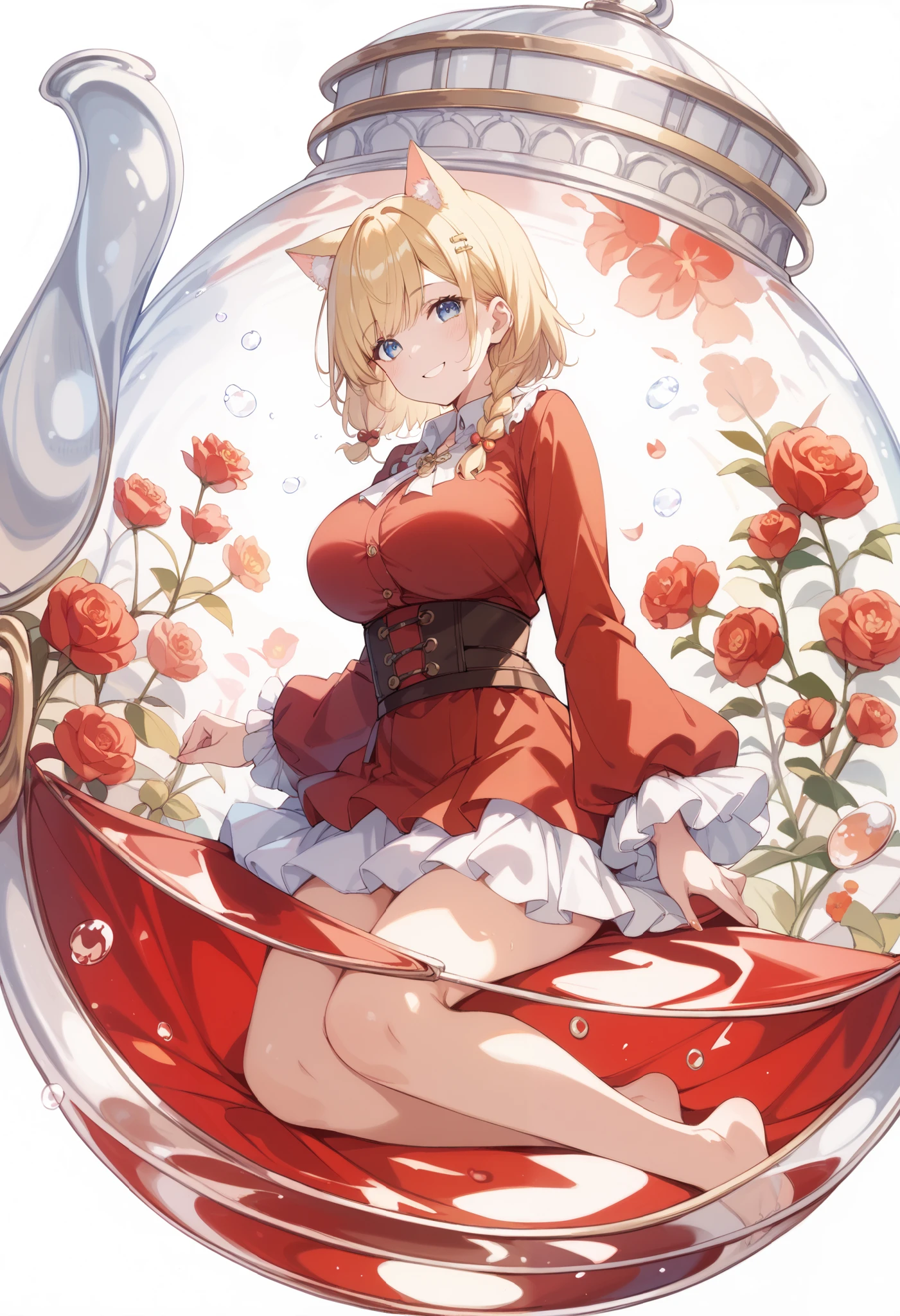 Cat ears、 bob cut blonde hair 、 braids on both sides、smile、Black tea、 Another World、 huge breasts 、、、