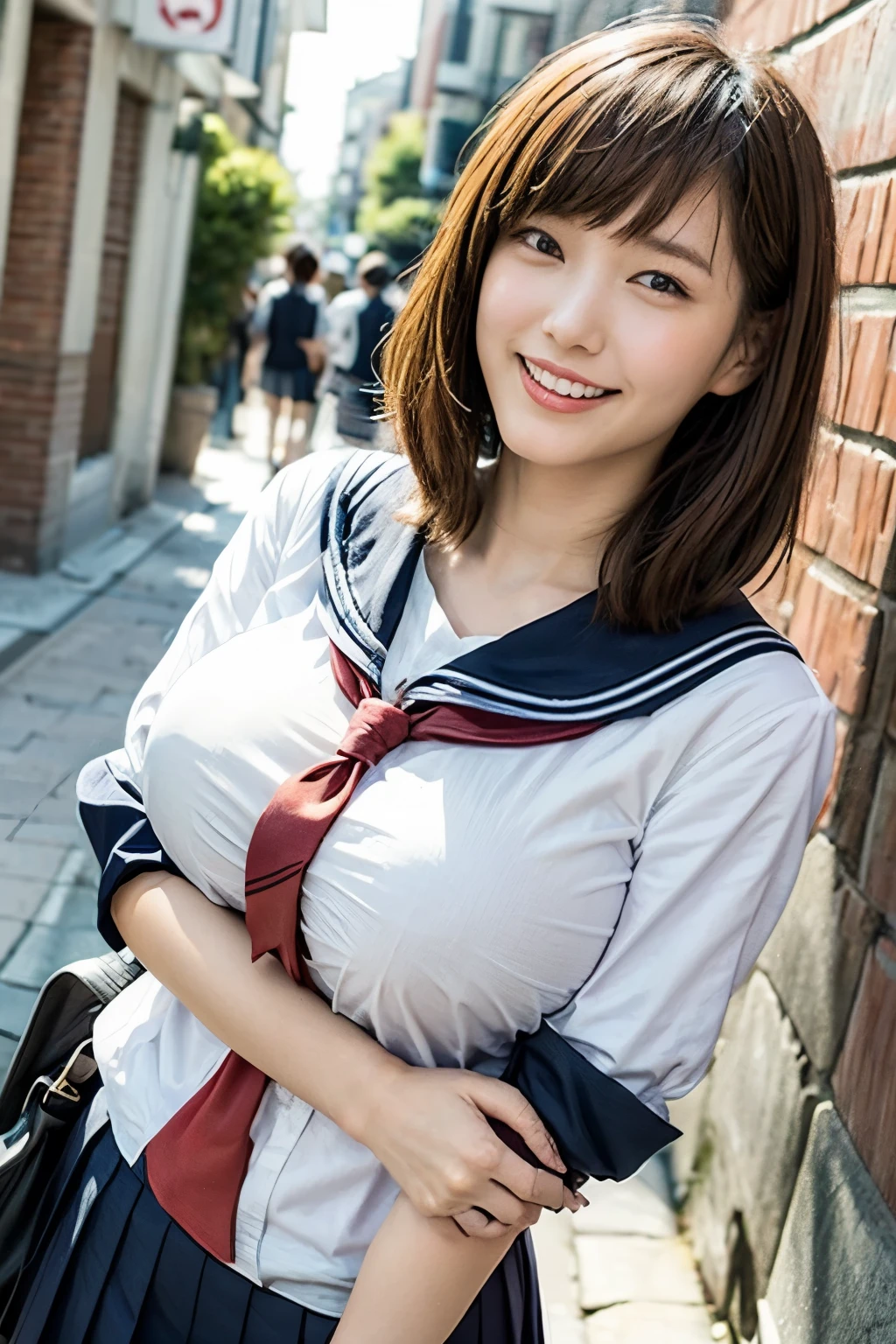 ((Realistic lighting、top-quality、8K、​masterpiece:1.3))、Focus:1.2、1 girl in、flawless beauty:1.4、Slim abs:1.1、((Short dark brown hair、Colossal tits:1.3))、Thin Eyes、二重まぶた、Henya Henya Smile、Open your legs、(full body Esbian:1)、((are visible、The nipple is visible))、‎Classroom、Blue pleated skirt、Sit on the ground、Spread your crotch、low angles、Transparent sailor suit
