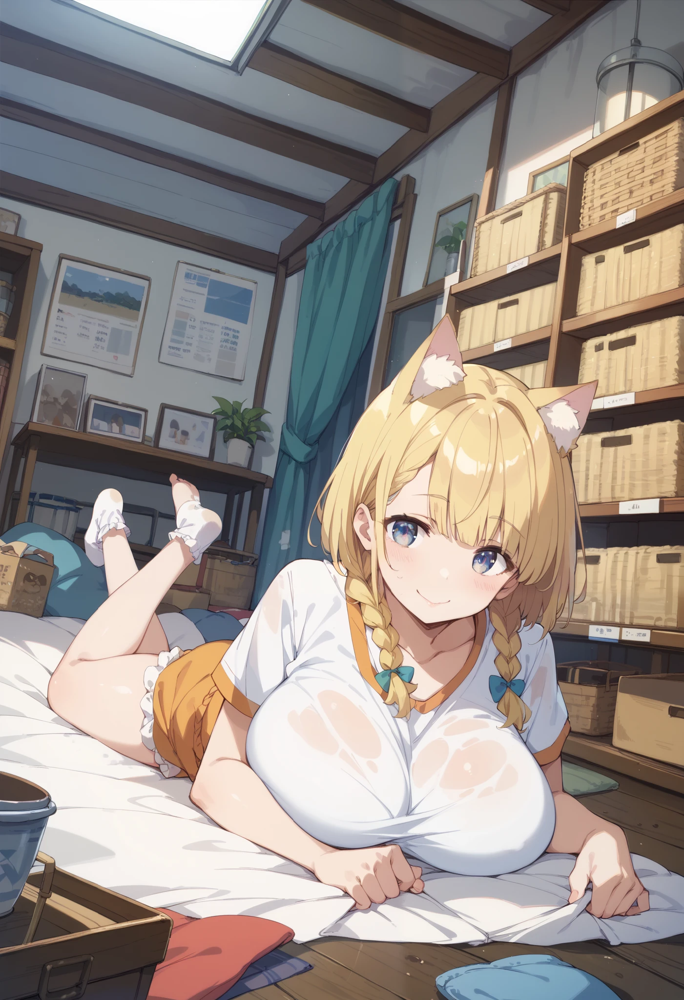 Cat ears、 bob cut blonde hair 、 braids on both sides、smile、mat、 Another World、 huge breasts 、 jump box、Bloomers、 muddy 