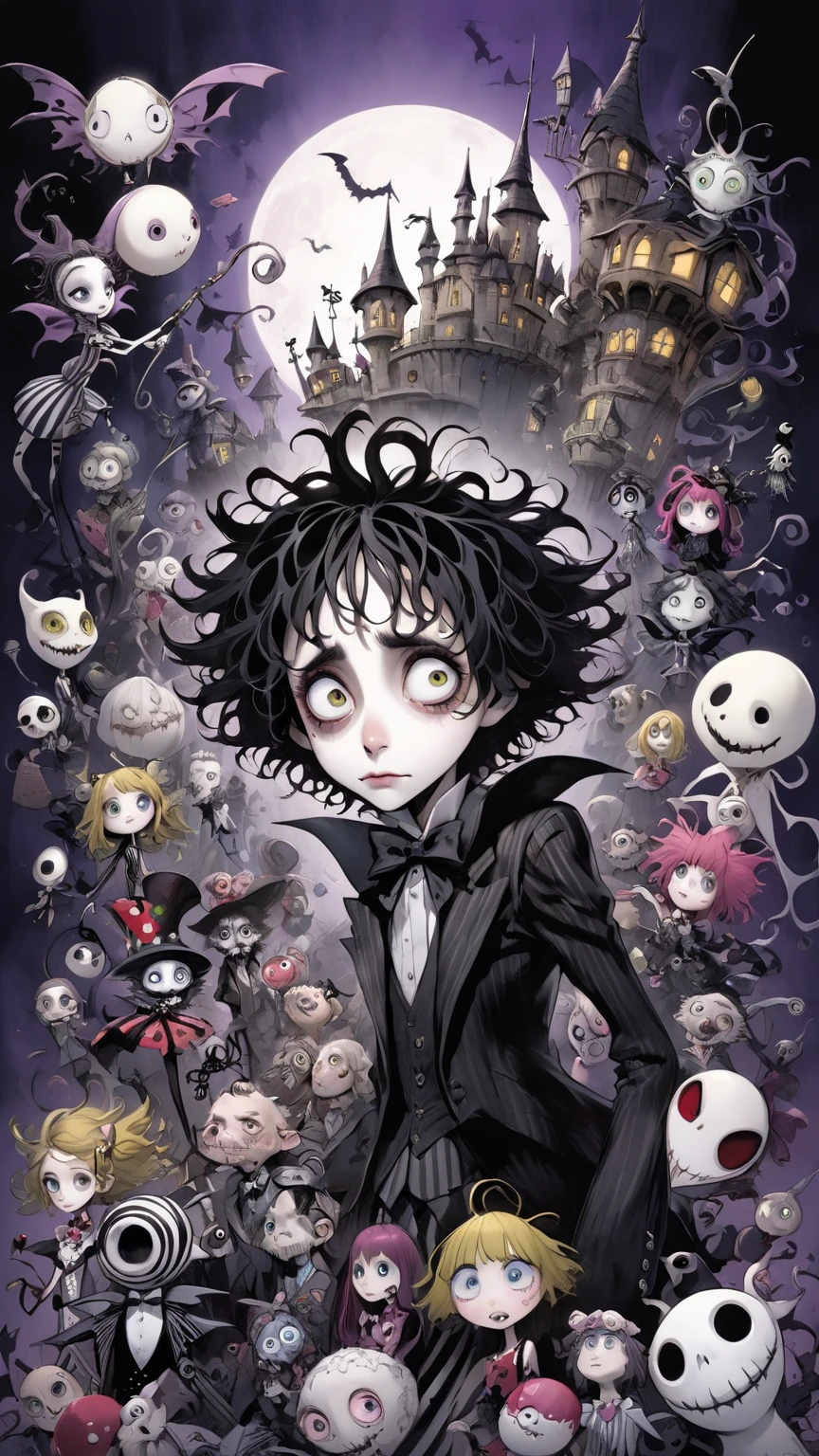 Tim Burton style,Top quality:1.2, super detailed, well-contoured, Pixar style, ((Halloween poster)), eye-catching, "Halloween!" Characters, masterpieces