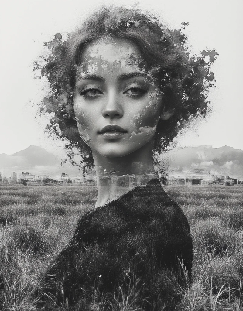 Surrealism, work of art, theme "calm madness", double vision, double exposure, a portrait of a beautiful mature woman painted in monochrome with a peaceful expression, a view of a field with countless solar panels spread out over the monochrome portrait.
