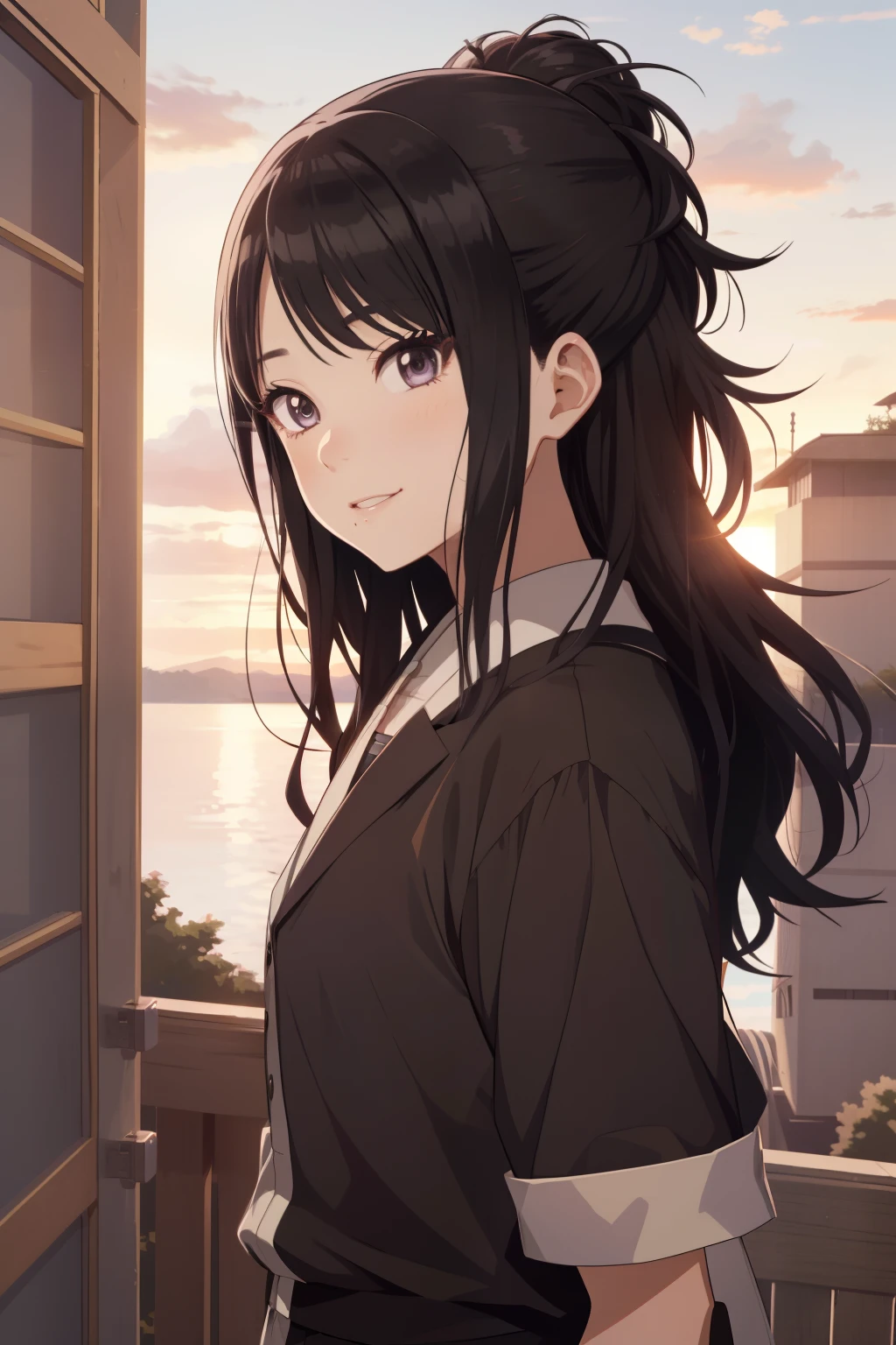 an hiperealistic shot of hinata(shippuden), ((hiori kazano)), idolmaster, Detailed eyes,  long hair, ponytail, half updo, hair ornament,, (sweet woman), manwha style, ((happy)), ((sweet)), ((delicated)), sunset