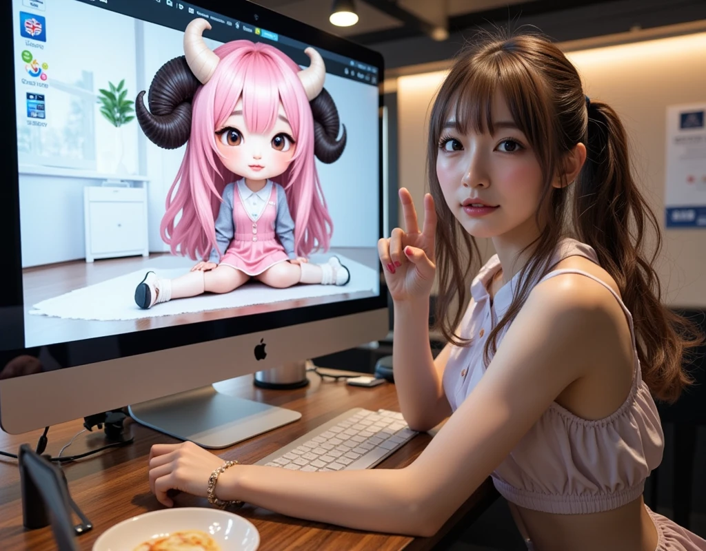 ultra-realistic, photorealistic, dramatic scene, shadow, global-illumination, 1 woman\(young Japanese beautiful woman, very beautiful fragile Japanese girl, very beautiful with very cute but boyish cool face, very large breasts, slim waist, wearing a office worker's elegant uniform, looking at viewers and showing peace sign\), the large computer display is displaying an 2D animated sheep girl\(cute chibi anime, chibi, 2D animated cute sheep girl, chibi-anime-girl, long pink fluffy hair, sheep girl, dark beige round horns, thick eyebrows, smile, pink dress, sky blue cardigan, sitting in the busy office room\), in the stylish office room, the woman is having a web conference with the 2D animated chibi-sheep-girl