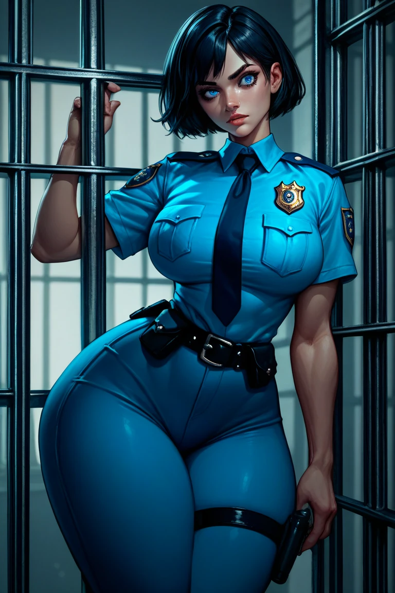 Anime Style,Girl,Are standing、slouch、policewoman,skirt,Black Hair、short hair,Large Breasts,Small waist,Big Ass,tall,Purple underwear with intricate patterns、police box、handcuffs