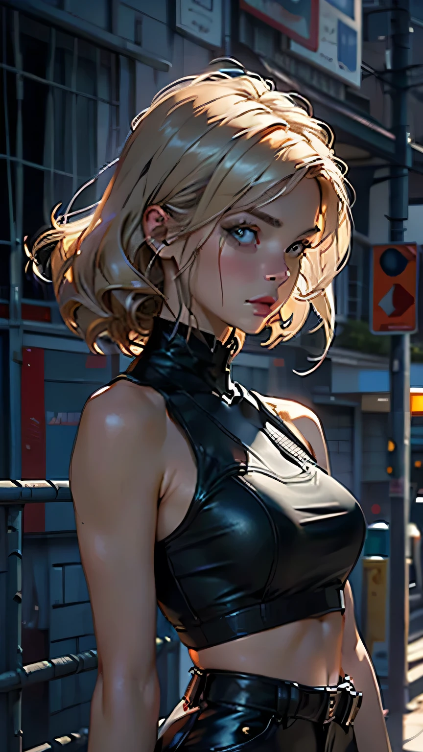 masterpiece, highest quality, (solo focus), (perfect face:1.1), (high detail:1.1), 1girl, DimitriPre, Paine, blonde hair, ((long hair)), blue eyes, ((Black sleeveless high neck knit sweater dress)), bellybutton visible through clothes, detailed background, loft, neon cityscape, cyberpunk, cinematic lighting