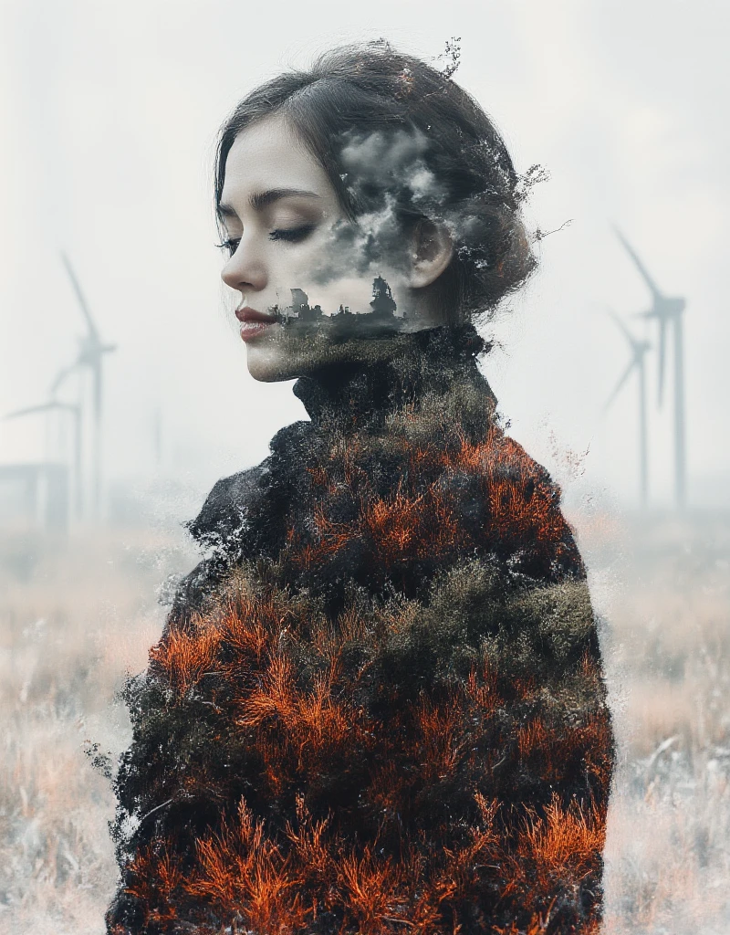 Surrealism, work of art, theme "calm madness", double vision, double exposure, a monochrome portrait of a beautiful mature woman with a peaceful expression, superimposed on the monochrome portrait is a colored view of countless offshore wind turbines lined up.