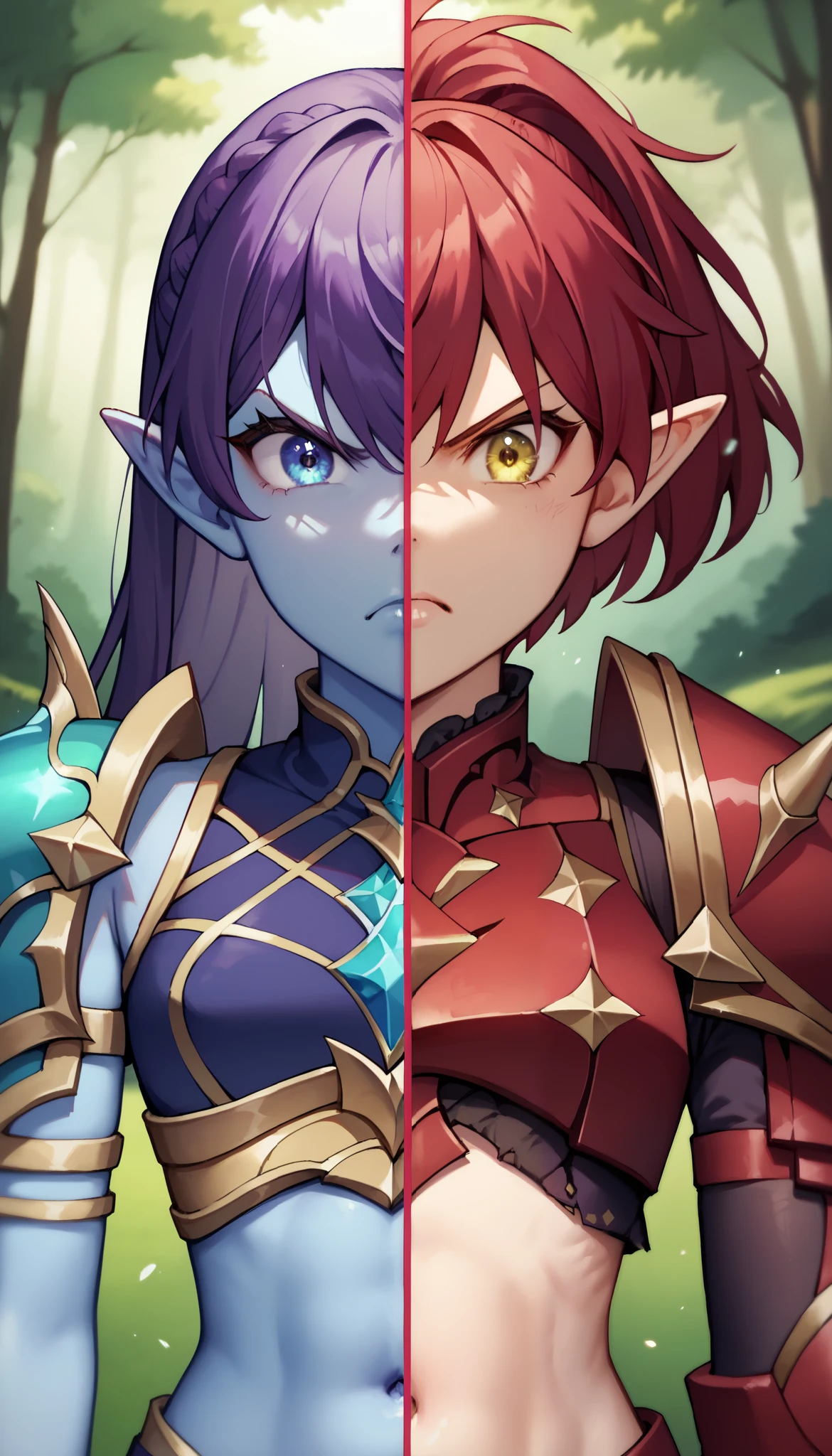line in the middle, masterpiece, best quality, SplitScreen, split screen, forest background, pointy ear, 1girl, right side, Red hair, Glowing Yellow eye, Red armored crop top, gold trim, red shoulder pad, natural skin tone, slender body, navel, angry expression,
masterpiece, best quality, SplitScreen, split screen, forest background, pointy ear, 1girl, left side, Purple hair, Glowing Blue Eye, dark Purple armored crop top, Gold trim, dark Purple shoulder pad, blue skin tone, slender body, navel, angry expression,