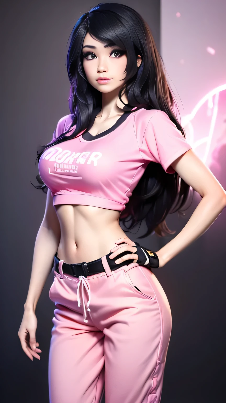 1girl in, photo of Emiru, RAW, beautiful woman, ((full body portrait, detailed face:1.2)), (long black hair, straight black hair), ((detailed facial feature, detailed skin, clear skin), (perfect proportioned body, runners body, thin hips, thin waist, skinny, petite, detailed skin texture), (blank background, plain background, blank wall, (wearing an low rise sweatpants, grey sweatpants, pink cropped t-shirt, crop top, pink shirt, cropped pink),  (realistic photo, best quality, detailed), (8k wallpaper), (cinematic lighting, dramatic lighting), (sharp focus, intricate) high quality, film grain, Fujifilm XT3 sharp focus, f 5.6, 50mm, High Detail, Sharp focus,(natural light), crazy details, complex details, hyper detailed. (cowboy photo:1.2), light particles, sfw