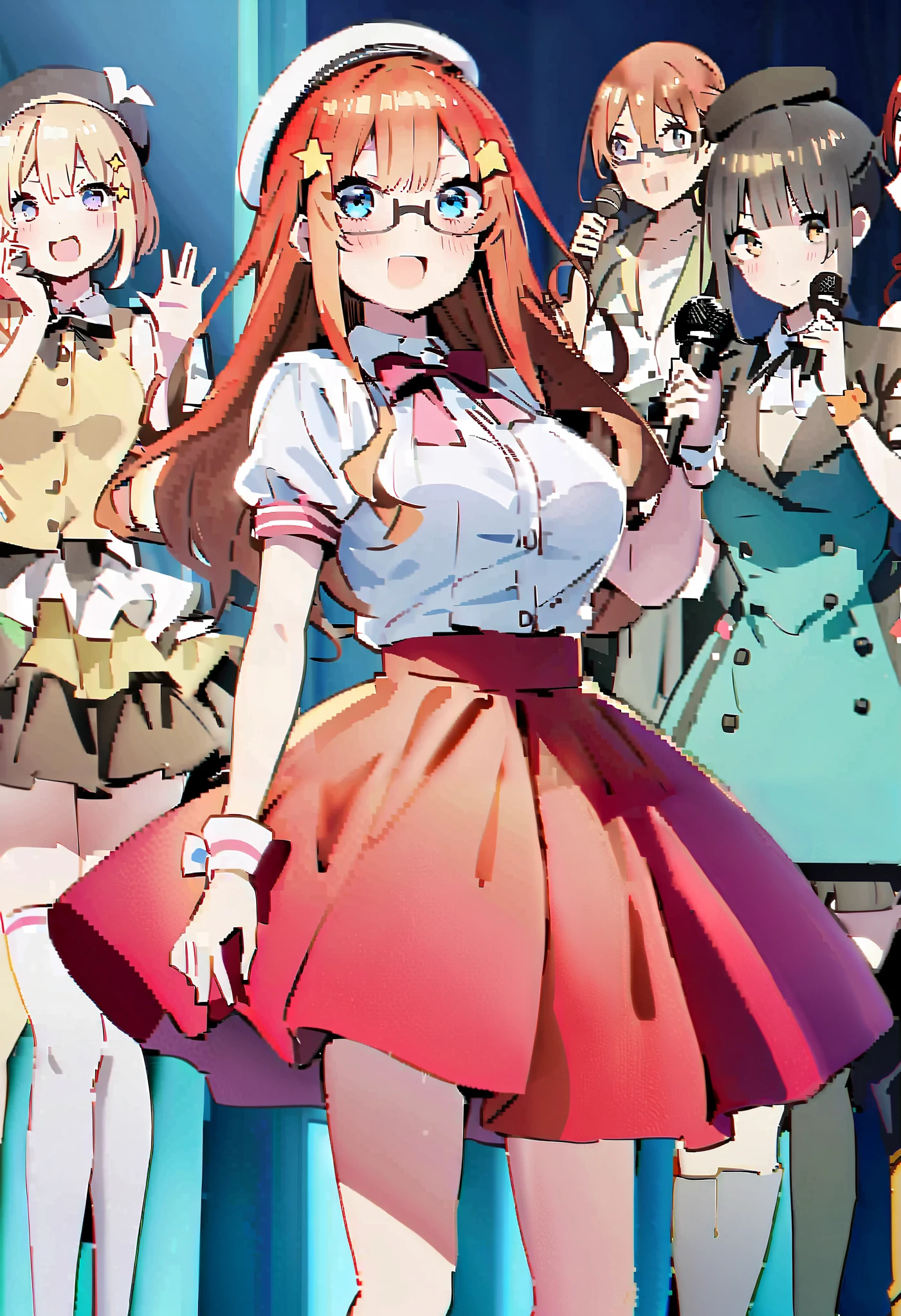 score_9, score_8_ up, score_7_ up, source_Anime, itsukinakano, Nakano Mizuki , bangs, blue eyes, hair between eyes , stupid hair, Red Hair,yellow star \(symbol\), hair ornament,yellow star hair ornament,Glasses,smile,blush, open your mouth,Big Breasts, idol costume, dress,collared dress, jacket ,cropped jacket ,Short sleeve,bowtie,bow,button, has ,beret,( white knee high:1.2),shoes, interior , Illustration of a scene where idol singers sing enthusiastically on a live stage. the idol singer is standing in the center of the stage . Idol singers wear and boots . the idol singer is holding the microphone and singing . the idol singer's expression is serious and impressive . The singer's voice is strong and beautiful .,Fans gather around the stage., The fans sing and dance with the idol singer ,whole bodyがイラストに入るように,
break looking at viewer,whole body,
break indoors,bedroom,
break (masterpiece:1.2), best quality , kampala,unity 8k wallpaper,(shape:0.8),( fine and beautiful eyes :1.6),It's a person ,whole body写真,CG Details , (perfect hand, complete anatomy),