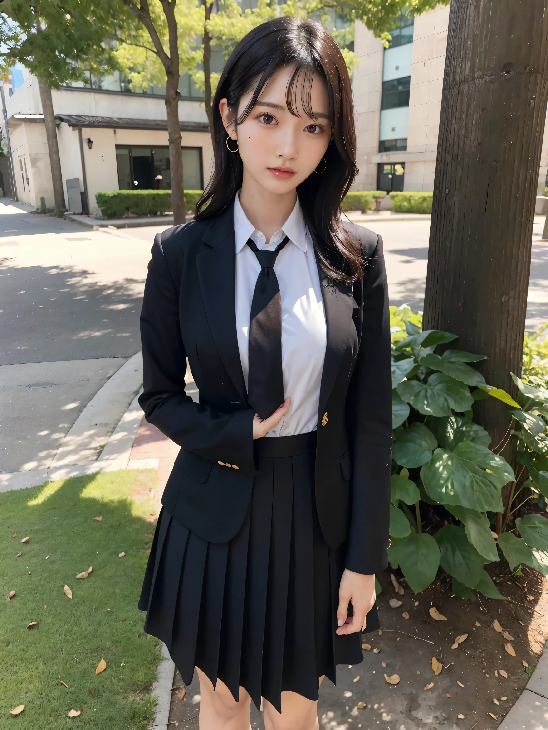 Japanese、18-year-old high school girl、Navy blue blazer uniform、Green and navy checkered mini skirt、Black Loafers、Crouching