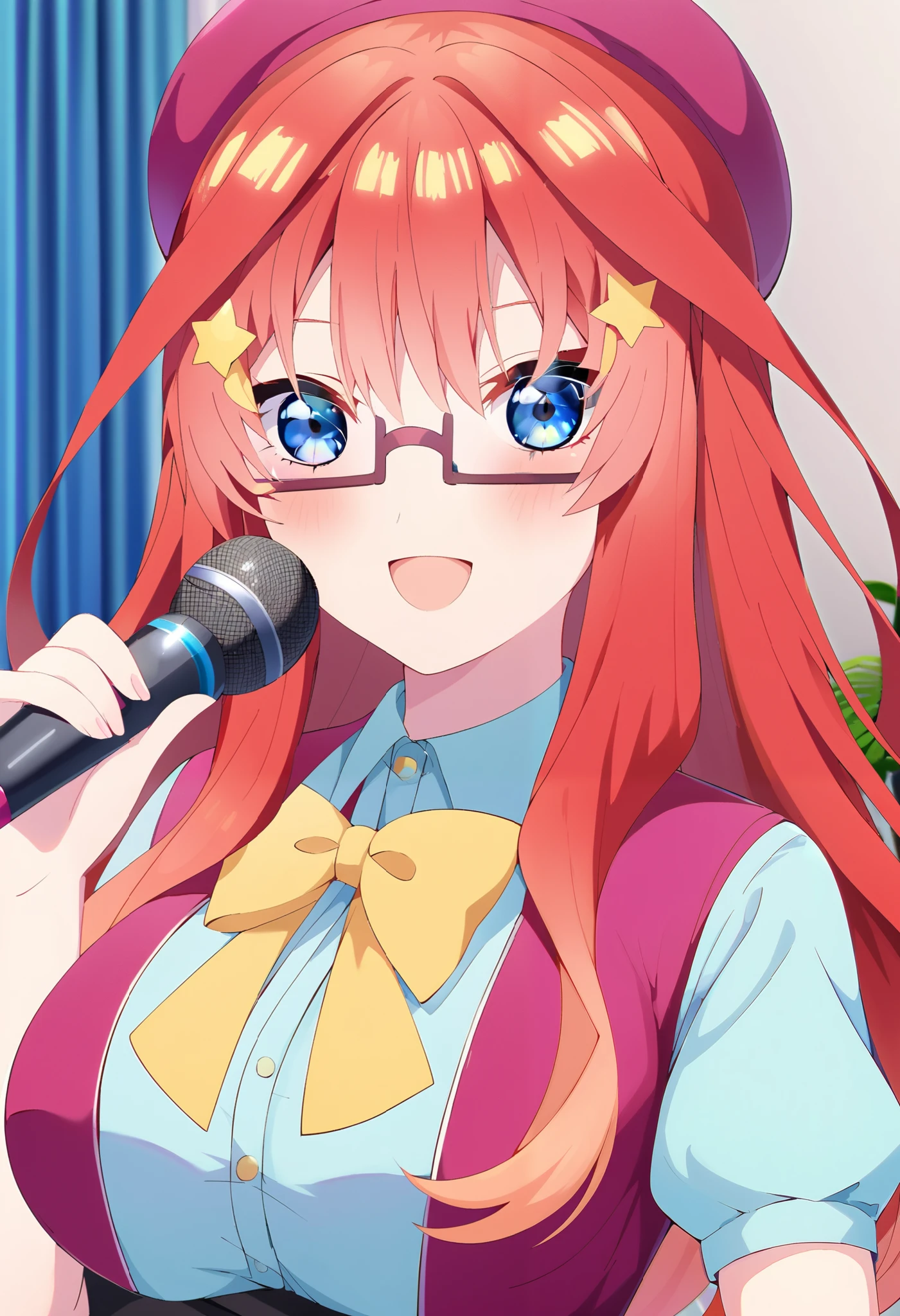  score_9,  score_8_ up,  score_7_ up,  source_Anime, itsukinakano, Nakano Mizuki , bangs, blue eyes,  hair between eyes , stupid hair, Red Hair,yellow star  \(symbol\),  hair ornament,yellow star   hair ornament,Glasses,smile,blush, open your mouth,Big Breasts, idol costume, dress,collared  dress, jacket ,cropped  jacket ,Short sleeve,bowtie,bow,button, has ,beret,( white knee high:1.2),shoes, interior , Illustration of a scene where idol singers sing enthusiastically on a live stage.  the idol singer is standing in the center of the stage . Idol singers wear  and boots .  the idol singer is holding the microphone and singing .  the idol singer's expression is serious and impressive . The singer's voice is strong and beautiful .,Fans gather around the stage., The fans sing and dance with the idol singer ,whole bodyがイラストに入るように,
break looking at viewer,whole body,
break indoors,bedroom, 
break (masterpiece:1.2), best quality  , kampala,unity 8k wallpaper,(shape:0.8),(  fine and beautiful eyes :1.6),It's a person ,whole body写真,CG Details , (perfect hand, complete anatomy),