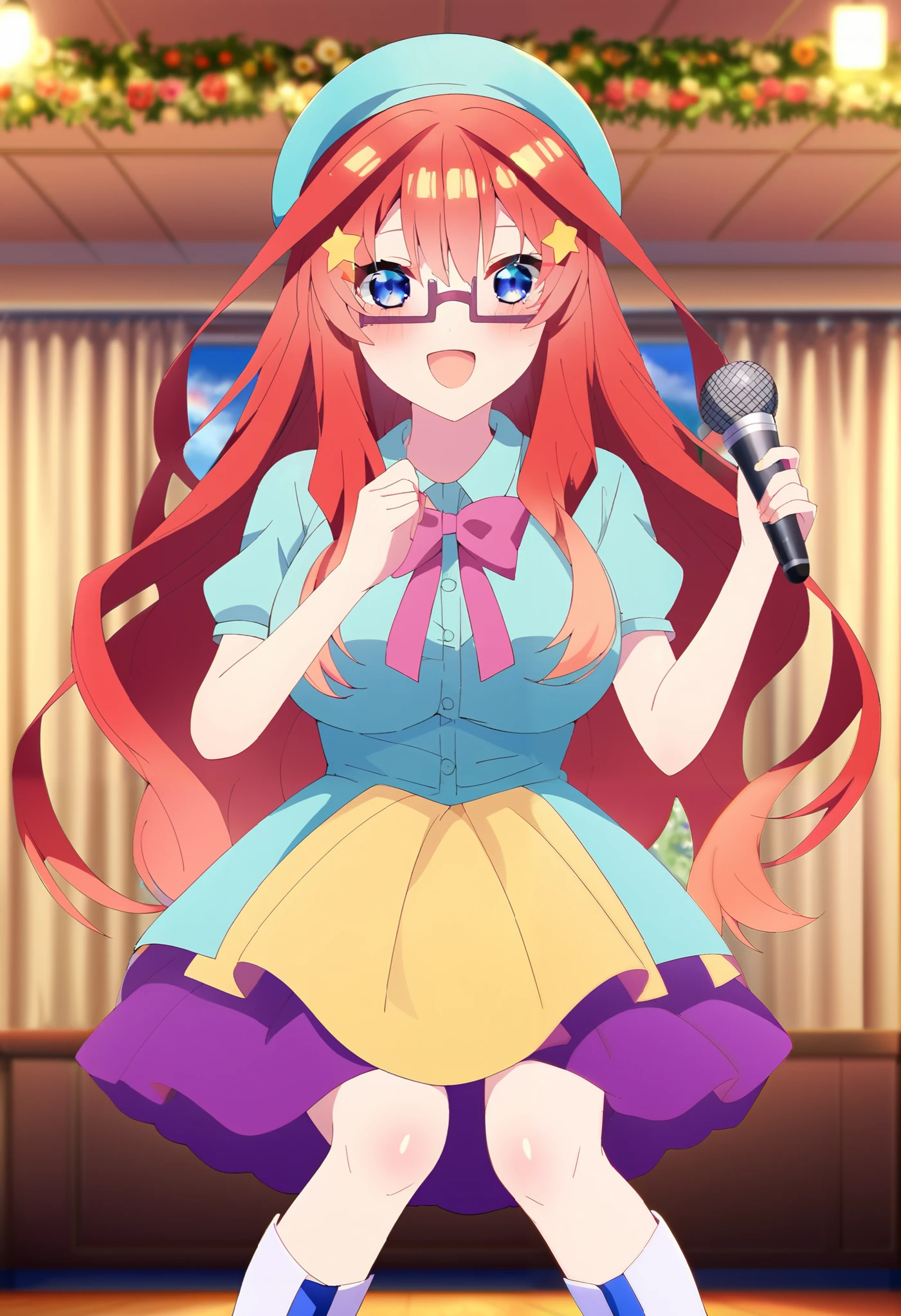 score_9, score_8_ up, score_7_ up, source_Anime, itsukinakano, Nakano Mizuki , bangs, blue eyes, hair between eyes , stupid hair, Red Hair,yellow star \(symbol\), hair ornament,yellow star hair ornament,Glasses,smile,blush, open your mouth,Big Breasts, idol costume, dress,collared dress, jacket ,cropped jacket ,Short sleeve,bowtie,bow,button, has ,beret,( white knee high:1.2),shoes, interior , Illustration of a scene where idol singers sing enthusiastically on a live stage. the idol singer is standing in the center of the stage . Idol singers wear and boots . the idol singer is holding the microphone and singing . the idol singer's expression is serious and impressive . The singer's voice is strong and beautiful .,Fans gather around the stage., The fans sing and dance with the idol singer ,whole bodyがイラストに入るように,
break looking at viewer,whole body,
break indoors,bedroom,
break (masterpiece:1.2), best quality , kampala,unity 8k wallpaper,(shape:0.8),( fine and beautiful eyes :1.6),It's a person ,whole body写真,CG Details , (perfect hand, complete anatomy),