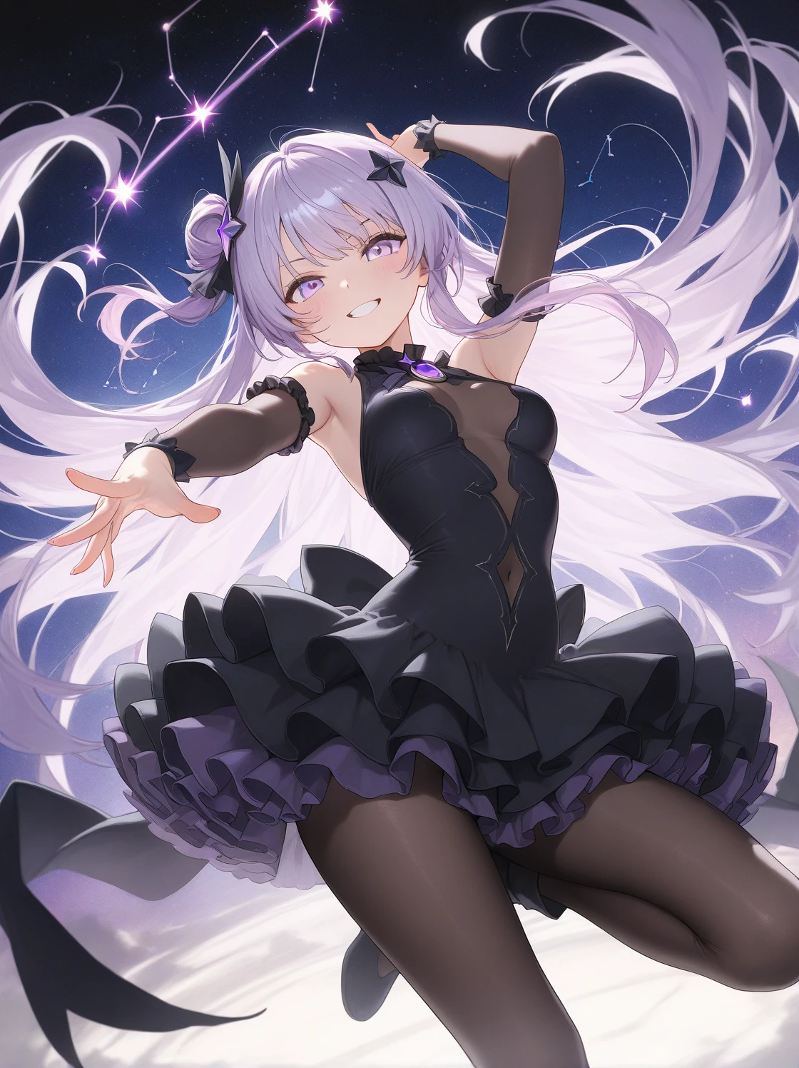 word:
bruise, medium hair, hair between the eyes, hair green, side ponytail, (purples eyes:1.1),
overskirt, mitts, don, bared shoulders, pleated overskirt, sleeveless, black mitts, elbow mitts, waist belt, minioverskirt, black overskirt, black shoes, (black don:1.5), thigh strap, sleeveless don, high collar, clamp, single glove, black waist belt, pleated don, arm strap,White lace panties,
BREAKING masterpiece ,unity wallpaper 8k,Visual principal do anime,highest quallity, high resolution, unity wallpaper 8k, (forma:0.8),anime coloring,high-detailed face, detailedeyes,growing eyes,shining skin,thin skin,Caucasian skin,dense skin,detailed hair,Highly detailed legs,perfect lighting, detailed CG, (perfect hands, Perfect Anatomia),high resolution,(detailed wear ),Slender limbs, delicate curves, Delicate hands,人物:0.8,