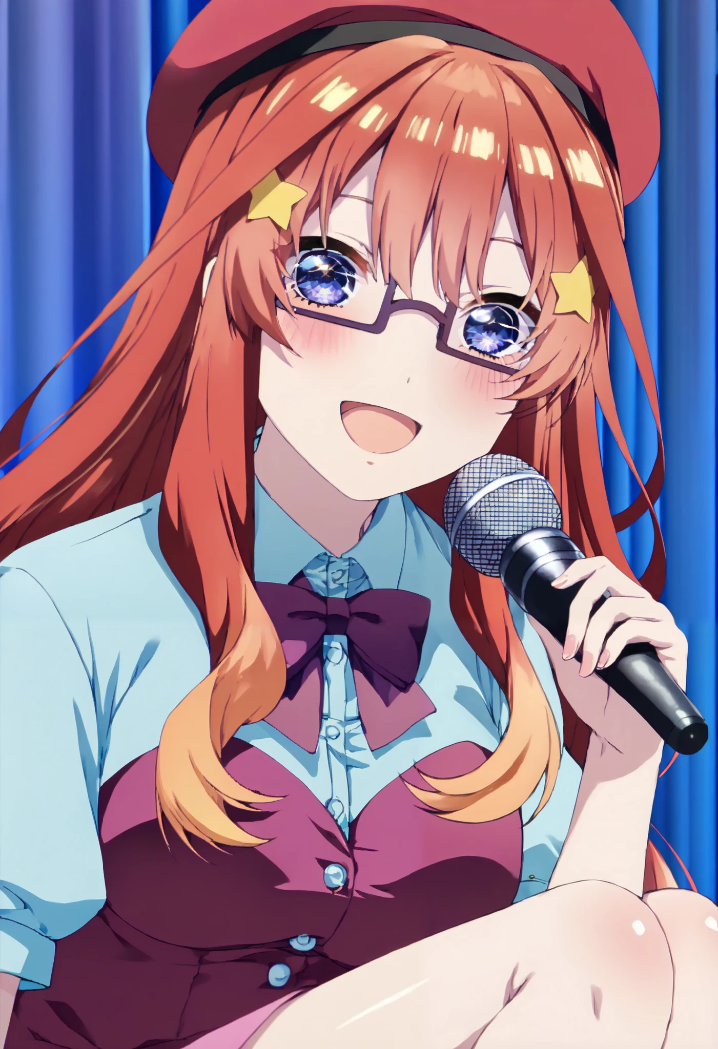 score_9, score_8_ up, score_7_ up, source_Anime, itsukinakano, Nakano Mizuki , bangs, blue eyes, hair between eyes , stupid hair, Red Hair,yellow star \(symbol\), hair ornament,yellow star hair ornament,Glasses,smile,blush, open your mouth,Big Breasts, idol costume, dress,collared dress, jacket ,cropped jacket ,Short sleeve,bowtie,bow,button, has ,beret,( white knee high:1.2),shoes, interior ,アイドル歌手がライブ stageで熱狂的に歌うシーンのイラスト. アイドル歌手が stage中央に立っている. Idol singers wear and boots . the idol singer is holding the microphone and singing . the idol singer's expression is serious and impressive . The singer's voice is strong and beautiful ., stageの周りにはファンが集まる., The fans sing and dance with the idol singer ,whole bodyがイラストに入るように,
break looking at viewer,whole body,
break indoors, stage,
break (masterpiece:1.2), best quality , kampala,unity 8k wallpaper,(shape:0.8),( fine and beautiful eyes :1.6),It's a person ,whole body写真,CG Details , (perfect hand, complete anatomy),