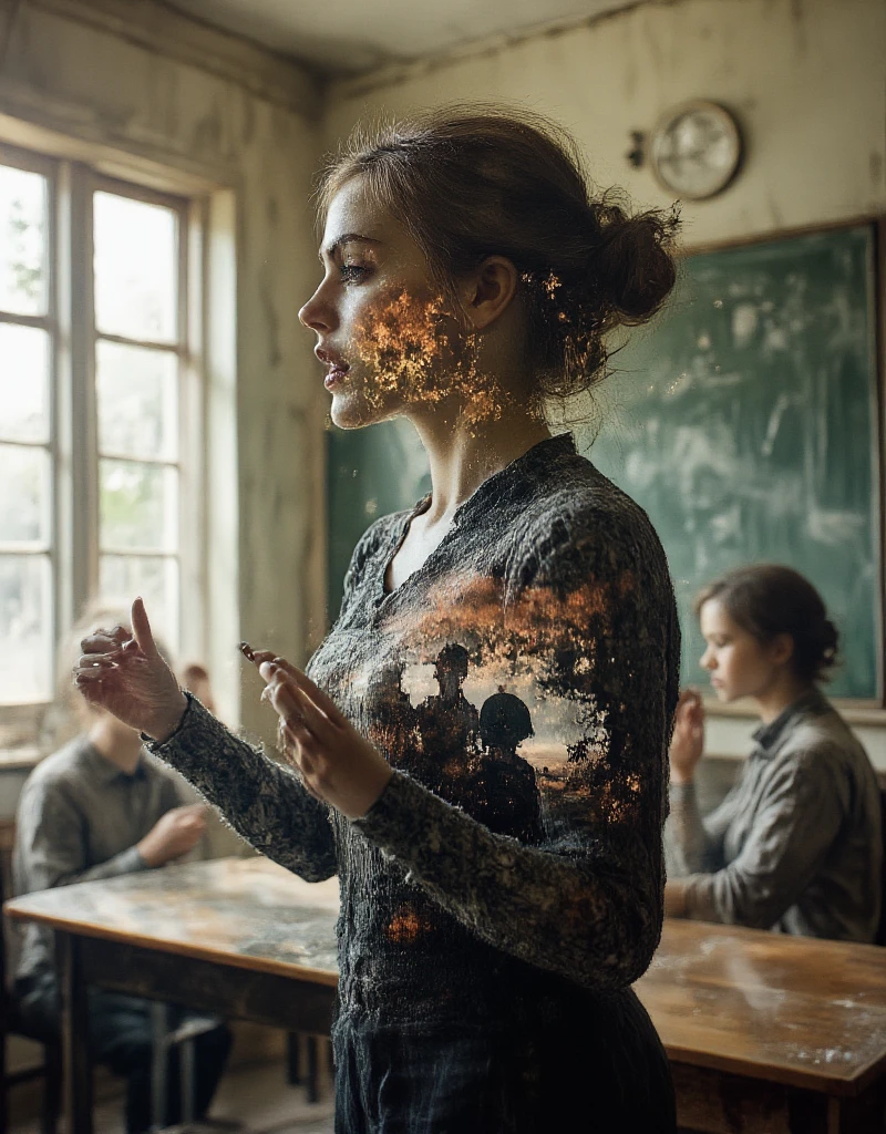 A realistic, live-action 8K quality work of art based on completely accurate , with the theme of "Calm Madness", double vision, multiple exposure, and a color image of a female teacher giving an impassioned speech to ren in a classroom, superimposed on the color image is a close-up scene in monochrome of a soldier fighting on the battlefield being shot and falling.