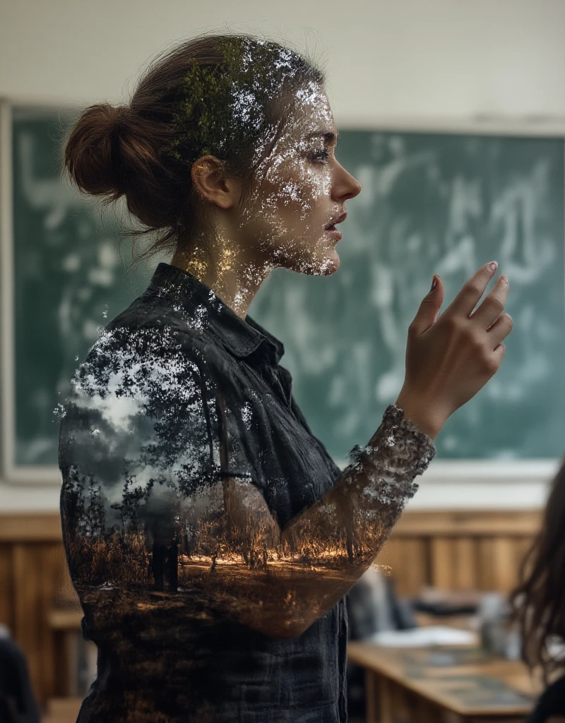 A realistic, live-action 8K quality work of art based on completely accurate , with the theme of "Calm Madness", double vision, multiple exposure, and a color image of a female teacher giving an impassioned speech to ren in a classroom, superimposed on the color image is a close-up scene in monochrome of a soldier fighting on the battlefield being shot and falling.