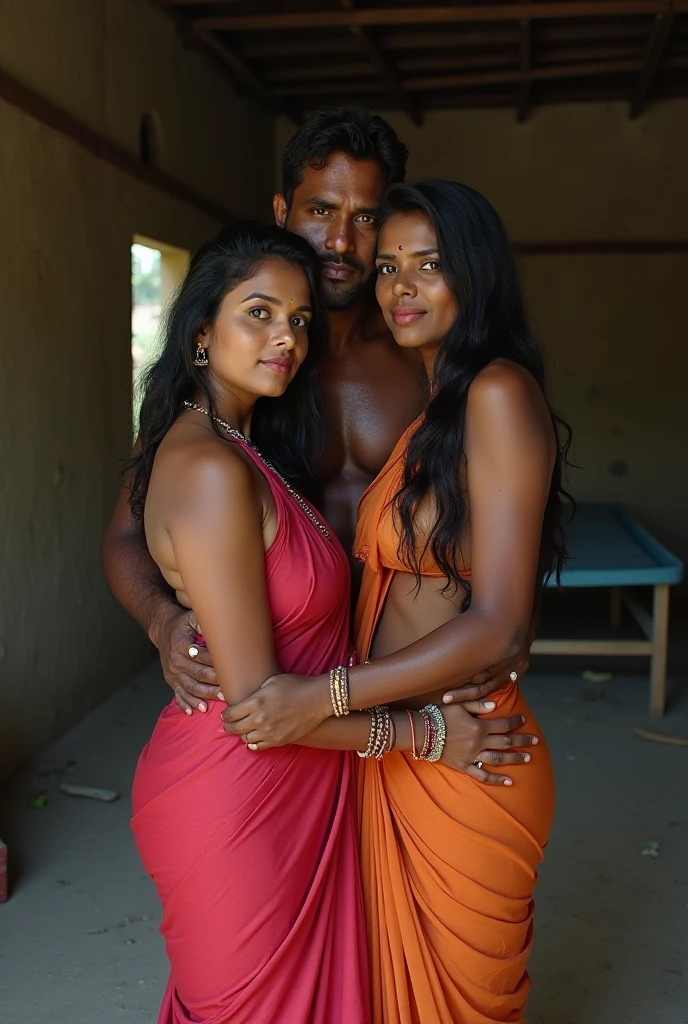 Two hot curvy white milf with long single plaited hairstyle, big breast, big hip, very big ass, thick thighs, perfect body, woman wearing saree, looking at camera, man in middle and two woman, tall man and short woman, in white room, man with short side fade hairstyle, muscular body, beard, looking at camera