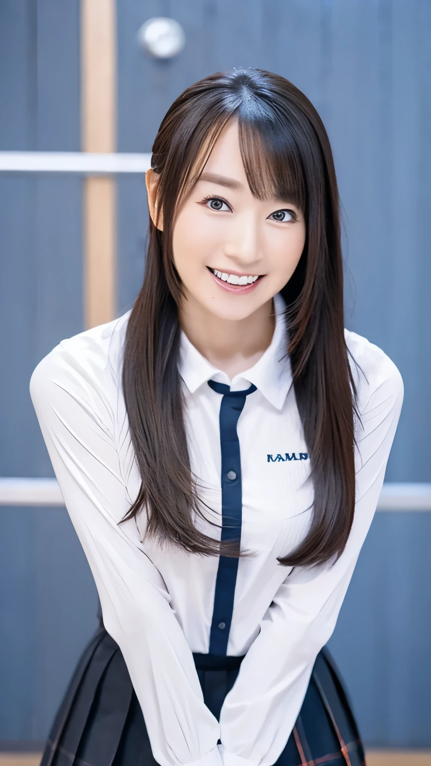 Realistic:1.4, Realistic face and eyes:1.4,Realistic skin:1.5, 1girl with a mischievous face:1.9, Saito, Beauty, Super beauty:1.4, Beautiful Japanese actress:1:5, Perfect face, Facial beauty, Perfectly balanced face, Shiny hair, Big eyes:1.2, Perfect eyes, Attractive eyes, Double eyelids, Inconspicuous eyeliner, Small nose, Glossy lips, Thin chin, Natural makeup, Inviting facial expression, Perfect female body, Big natural breasts, Slim waist, Round buttocks, Long slender legs, Glowing skin, Japanese woman taking a photo wearing a school uniform, long sleeve, Knee-high socks and skirt, Wearing skirt and knee-high socks, JK uniform, Japanese school uniform, Japanese girl sailor suit, Dressed as a high school girl, Girl wearing sailor suit, High school girl, Girl wearing sailor student uniform, Cute high school girl, classroom background, kneeling pose, skirt lift, lift the skirt with one's hands, white panties, seduce, open mouth slightly, Attention to detail, Masterpiece, Anatomically accurate, High quality, mizuki nana,