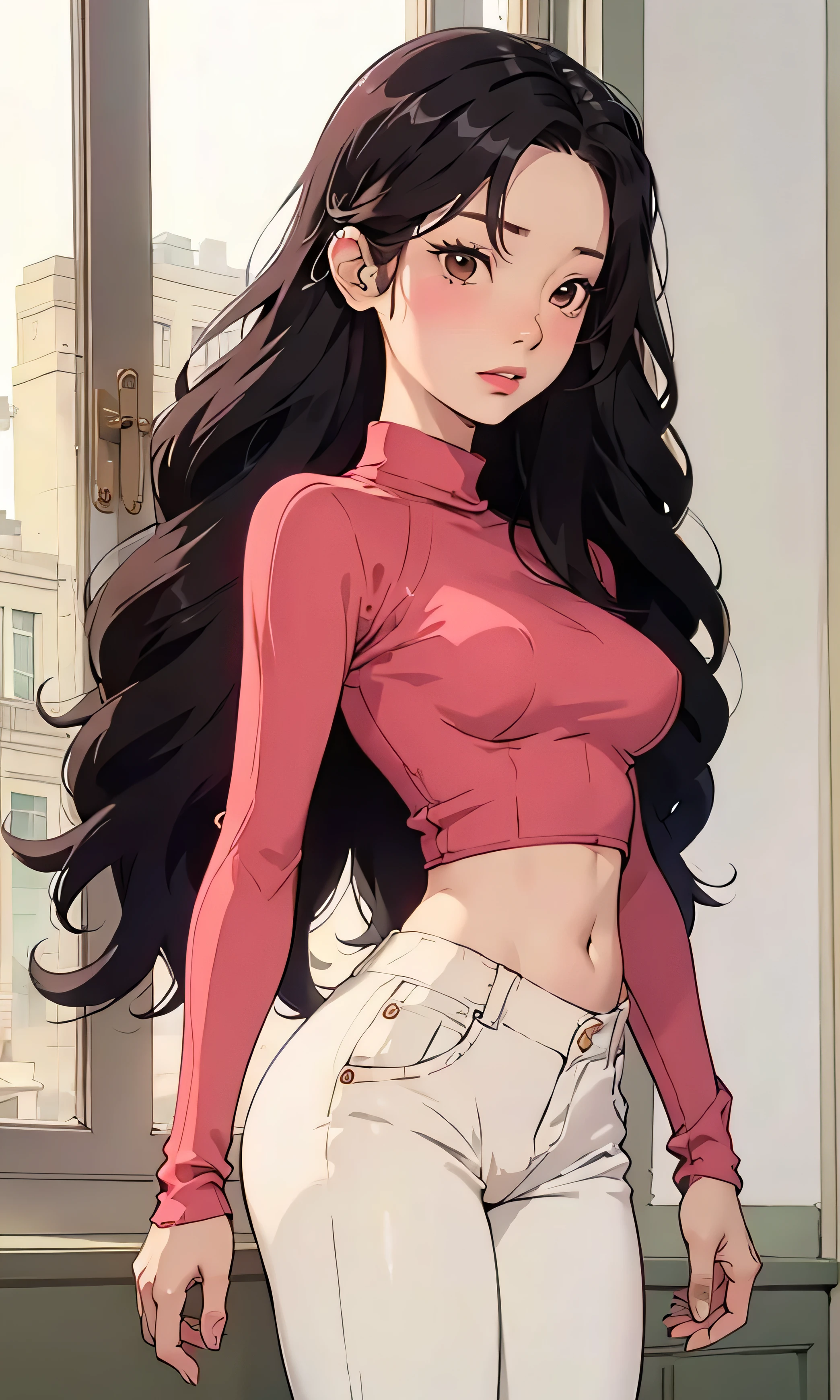 masterpiece, high detail, Kim Dahyun, a beautiful girl , Korean, thin and tall, black hair, long hair, wavy hair , black eyes, white sweater , short sweater , shorts, white pants , blush, waist, pretty legs, from the front looking at the spectator , next to the window,