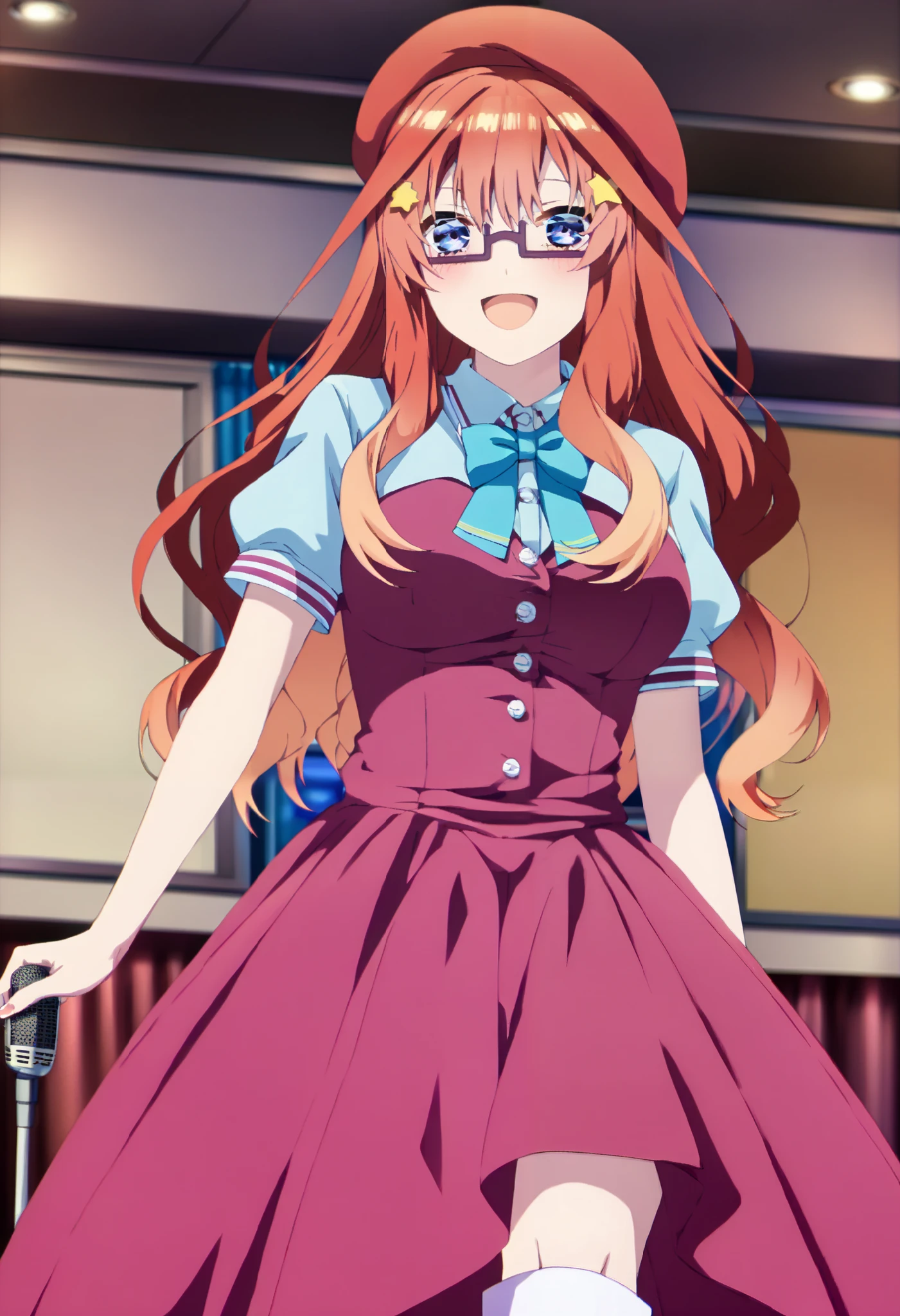  score_9,  score_8_ up,  score_7_ up,  source_Anime, itsukinakano, Nakano Mizuki , bangs, blue eyes,  hair between eyes , stupid hair, Red Hair,yellow star  \(symbol\),  hair ornament,yellow star   hair ornament,Glasses,smile,blush, open your mouth,Big Breasts, idol costume, dress,collared  dress, jacket ,cropped  jacket ,Short sleeve,bowtie,bow,button, has ,beret,( white knee high:1.2),shoes, interior ,アイドル歌手がライブ stageで熱狂的に歌うシーンのイラスト. アイドル歌手が stage中央に立っている. Idol singers wear  and boots .  the idol singer is holding the microphone and singing .  the idol singer's expression is serious and impressive . The singer's voice is strong and beautiful ., stageの周りにはファンが集まる., The fans sing and dance with the idol singer ,whole bodyがイラストに入るように,
break looking at viewer,whole body,
break indoors, stage, 
break (masterpiece:1.2), best quality  , kampala,unity 8k wallpaper,(shape:0.8),(  fine and beautiful eyes :1.6),It's a person ,whole body写真,CG Details , (perfect hand, complete anatomy),