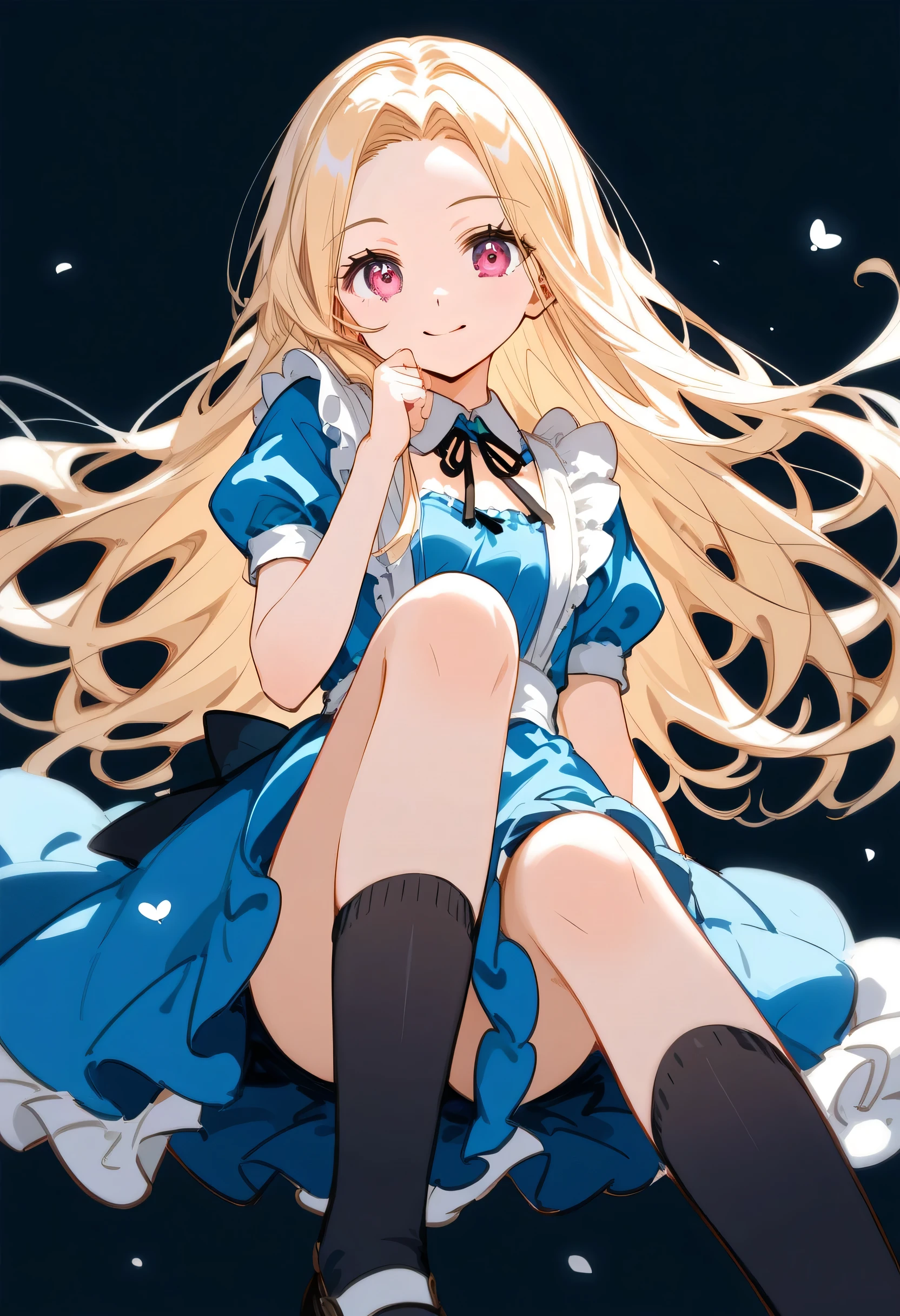 score_9, score_8_up ,score_7_up ,source_anime,source_comic,source_illust,sideview,dutch angle,looking at viewer,fullbody,blonde hair,parted bangs,pink eyes, Alice in Wonderland ,Enchanting chest:1.3, Blue Dress, Black Knee High Socks ,big smile,cheek,cute active pose:1.2, absolute domain,Cute Background, pink,white, pastel ,(manga style),(sketch),(illustration),