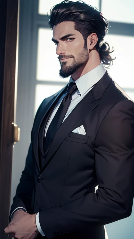 (best quality, masterpiece), male, old, white hair, short hair, short beard, muscular, white suit, black tie