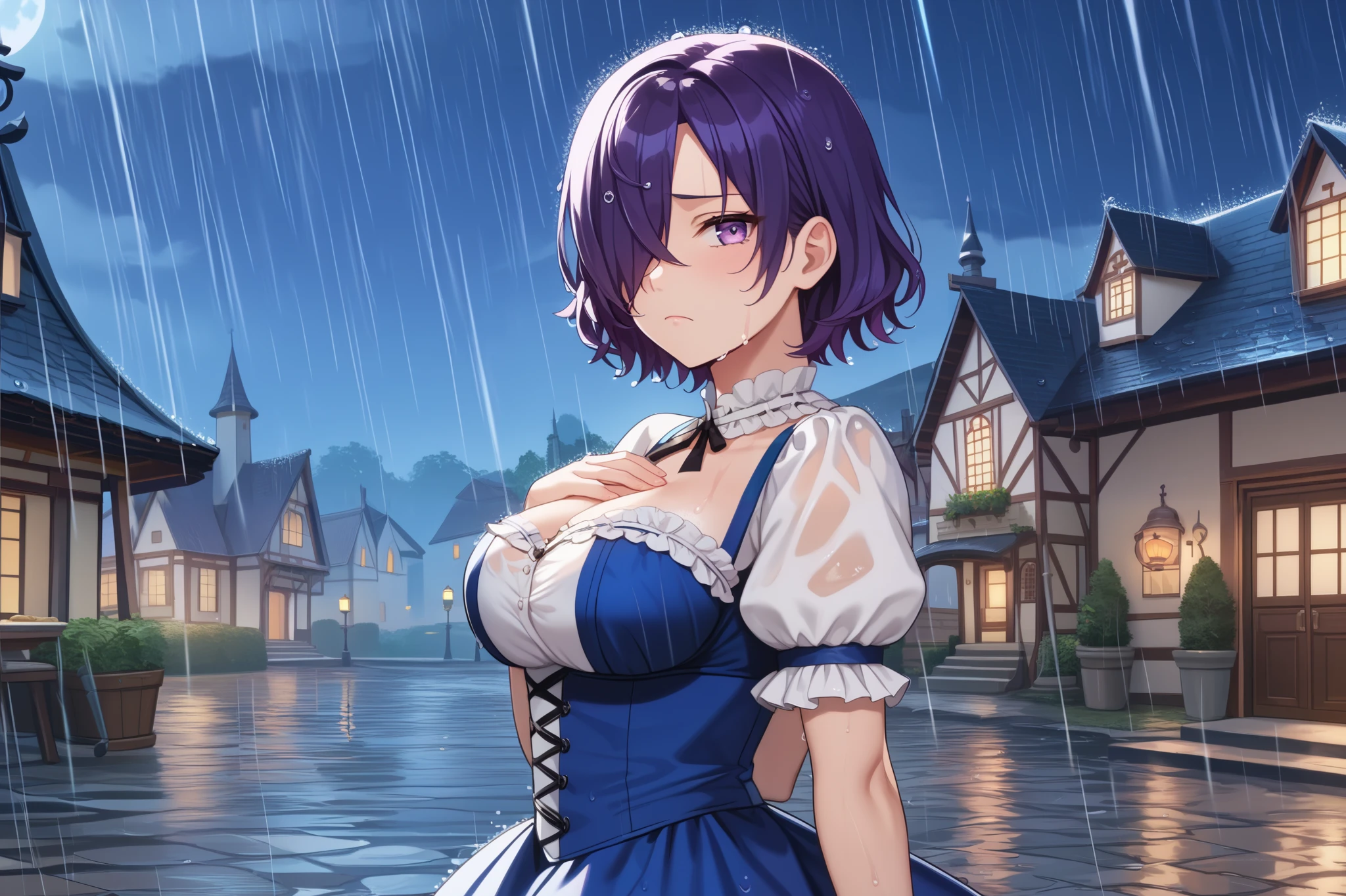 score_9, score_8_up, score_7_up, score_6_up, score_5_up, score_4_up, source_anime, best quality, masterpiece, Game CG, Anime style, ((high resolution)), (((masterpiece))), (((best quality))), {illustration}, {beautiful detailed eyes}, {1girl}, exaggerated proportion, 1girl, wet hair, wet clothes, raining, rain, ((messy short violet hair)), (hair over one eye bang), violet eyes, fat ass, thick hips, (Dirndl dress), (blue skirt),cleavage, (short puffy sleeve), looking at viewer, regretful face, (sad face), frown brow, hand on her chest, half body, ((village background)), (night sky), (night time), (sideview), ((Dynamic close-up shot)), (((anatomically correct hand))), {{ratatatat74}}, ((anime screencap)), pixiv