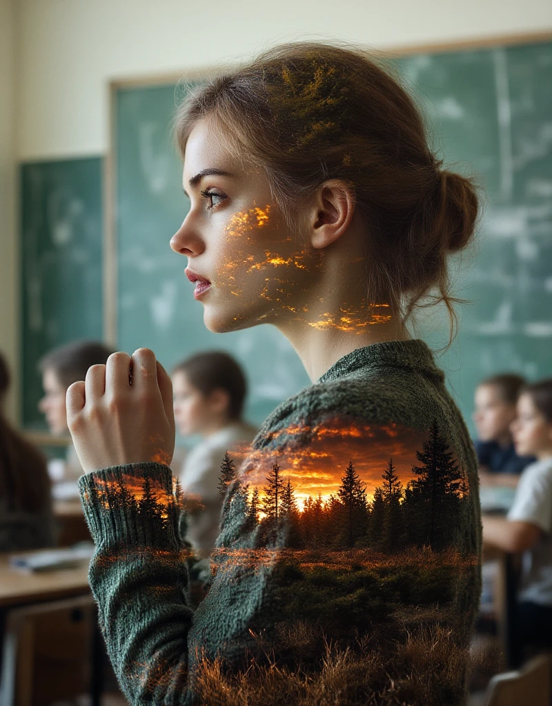 A realistic, live-action 8K quality work of art based on completely accurate anatomy, with the theme of "Calm Madness", double vision, multiple exposure, and a color image of a female teacher giving an impassioned speech to ren in a classroom, superimposed on the color image is a close-up scene in monochrome of a soldier fighting on the battlefield being shot and falling.